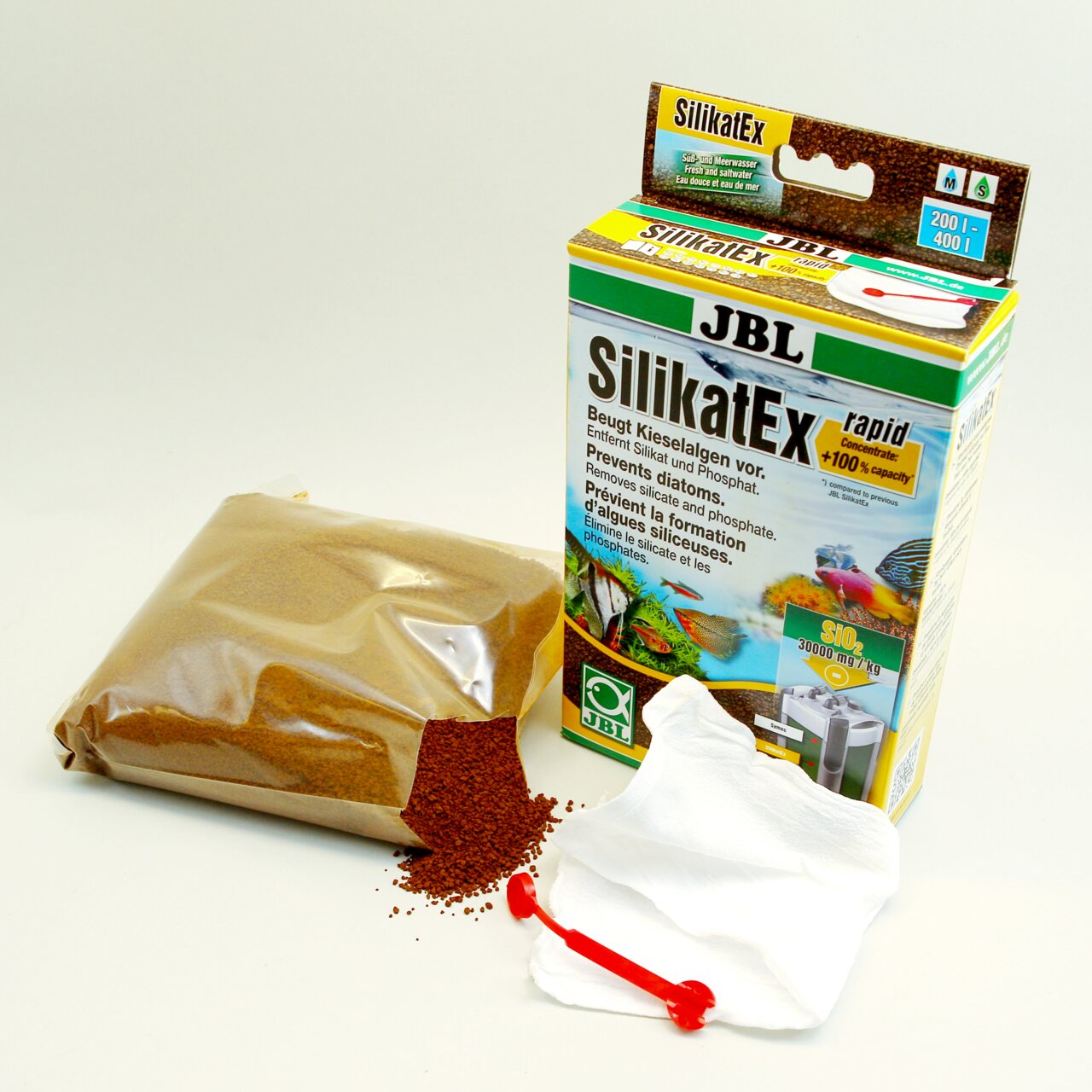 JBL SilikatEx Rapid, Wasseraufbereitung f. Aquarien, gegen Kieselalgen, entfernt Silikat-Phosphat, 400 g, inkl. Granulat & Zubehör.