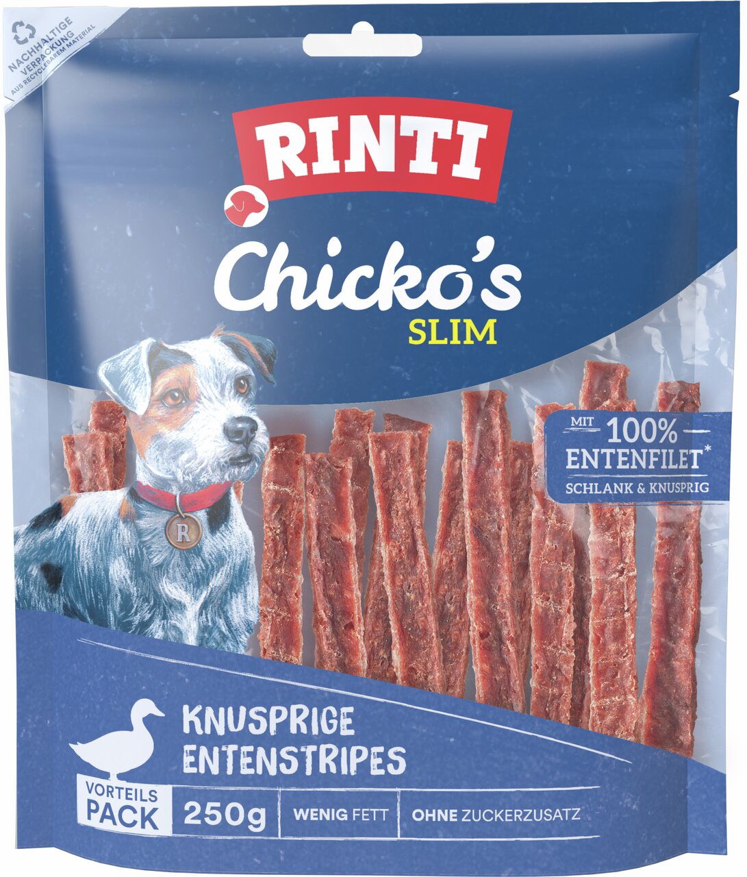 RINTI Chicko's Slim Entenstripes für Hunde, 250 g, 100 % Entenfilet, knusprig, wenig Fett, ohne Zuckerzusatz.