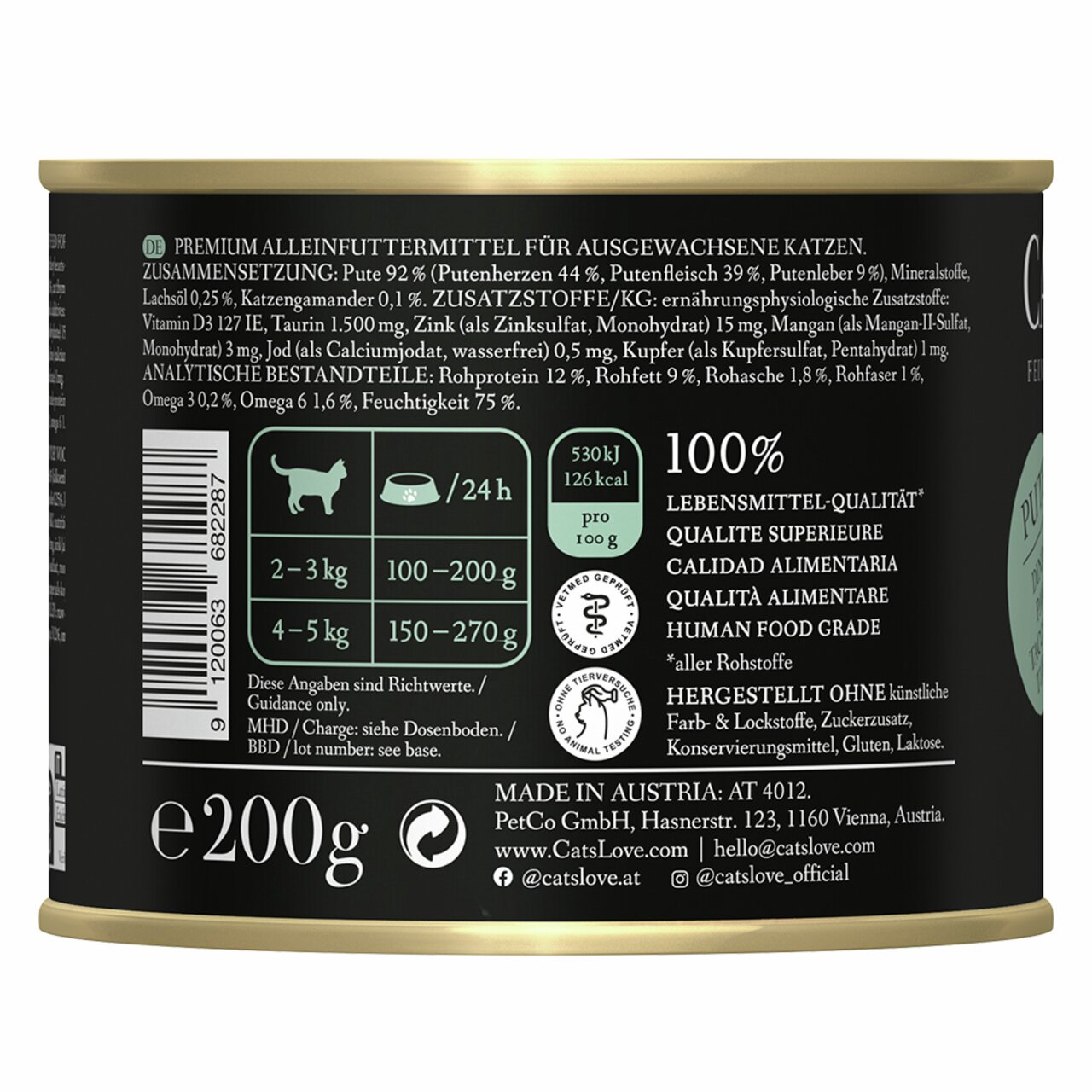 Cat's Love Premium Nassfutter für erwachsene Katzen, Geschmack Pute, 200 g, hochwertige Zutaten, ohne künstliche Zusätze.