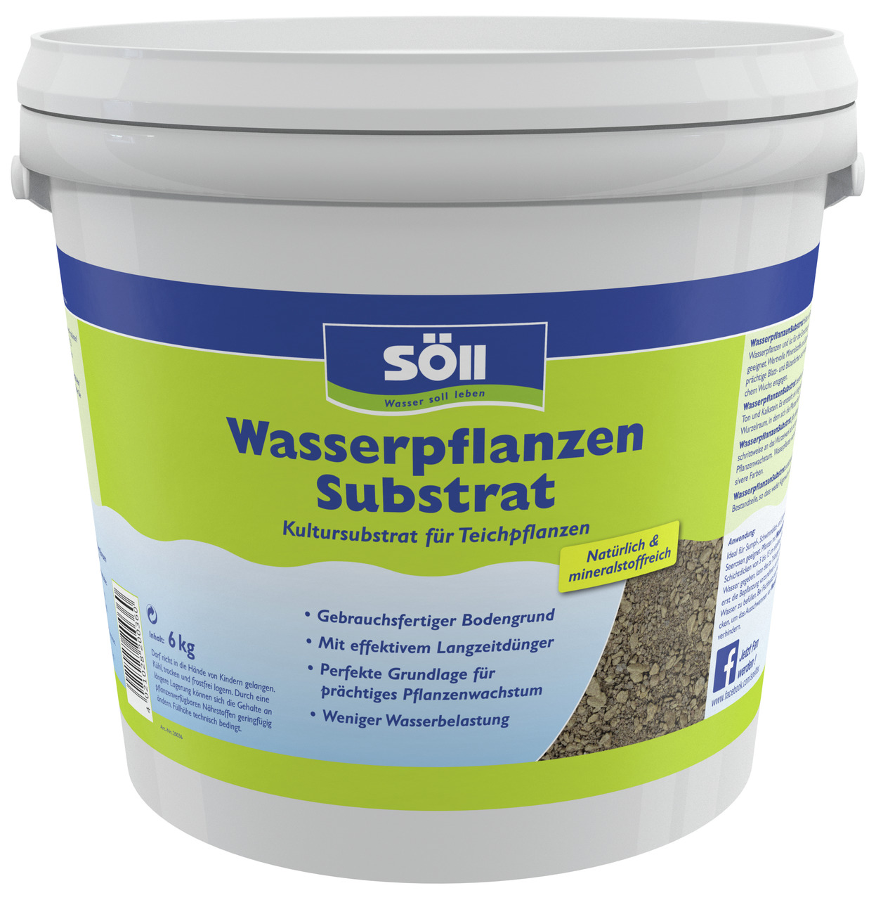 Ein weißer Eimer der Marke Söll mit der Aufschrift „Wasserpflanzen Substrat – Kultursubstrat für Teichpflanzen“. Das Produkt ist für Teichpflanzen geeignet und enthält 6 kg Substrat. Es bietet eine perfekte Grundlage für Pflanzenwachstum, enthält Langzeit