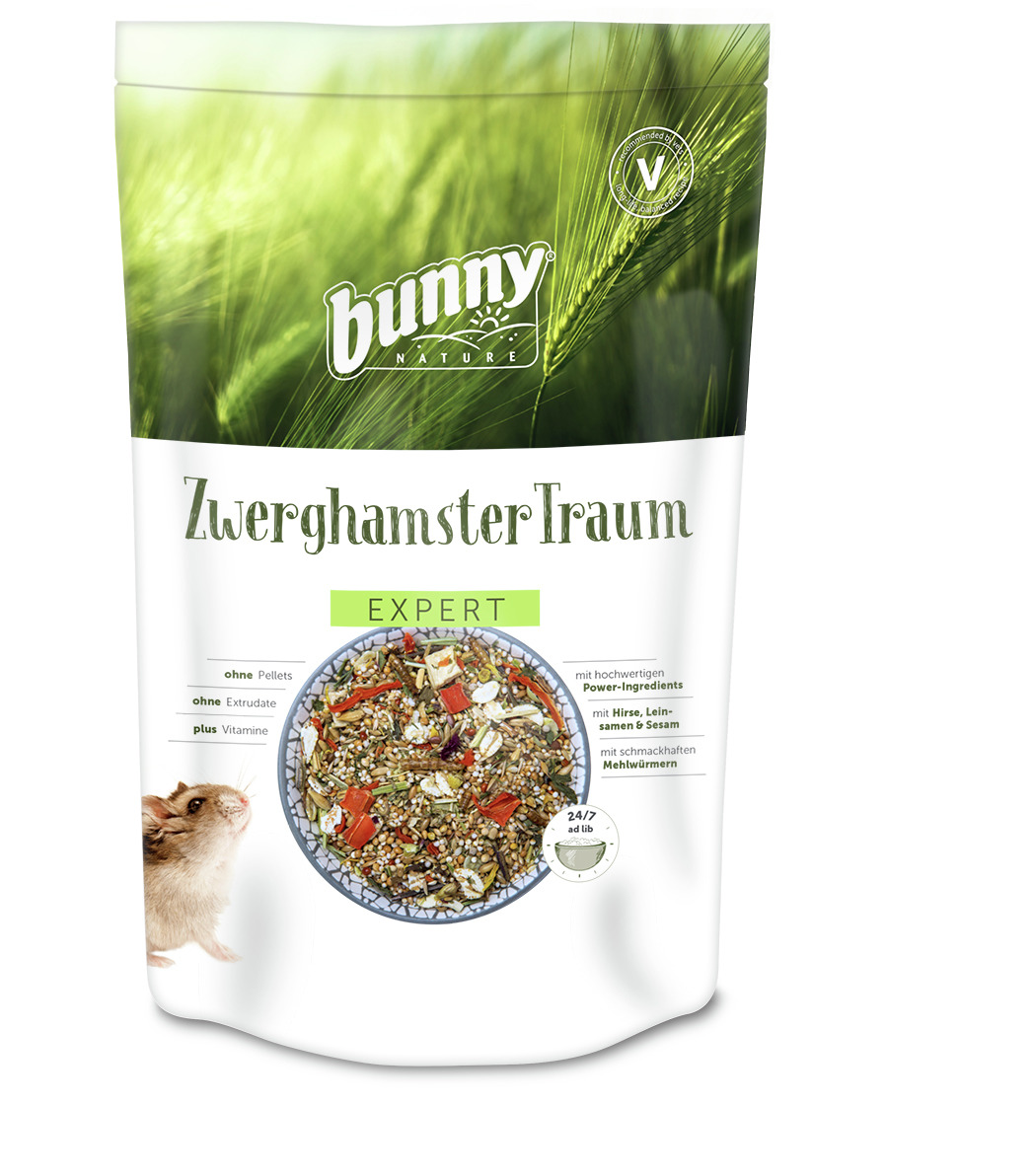 Bunny Nature ZwerghamsterTraum Expert: Premium-Futter f. Zwerghamster, m. Hirse, Leinsamen, Sesam, Mehlwürmern, weiße Packung, grünes Design.
