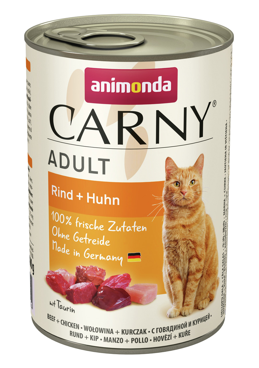 Animonda Carny Adult Katzenfutter, Rind & Huhn, für ausgewachsene Katzen, 100 % frisch, getreidefrei, 400 g, hergestellt in Deutschland.