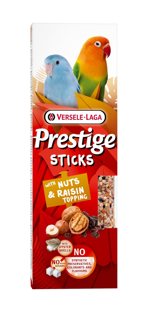 Versele-Laga Prestige Sticks für Ziervögel (Wellensittiche-Papageien), Nüsse & Rosinen, ohne Zuckerzusatz, 2 Stk.
