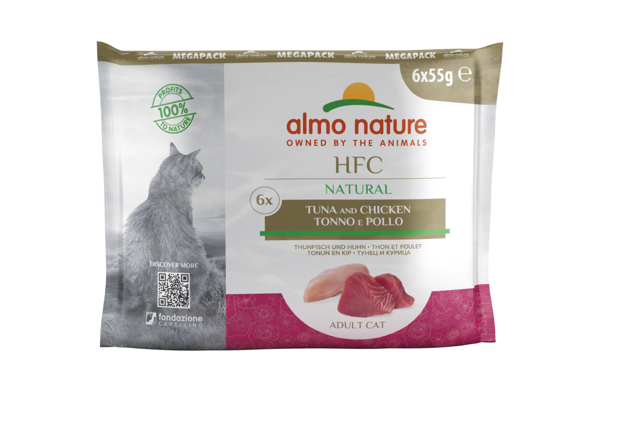 Almo Nature HFC Natural Katzenfutter, Thunfisch & Huhn, für ausgewachsene Katzen, 6x55g, natürliche Zutaten, nachhaltige Produktion.