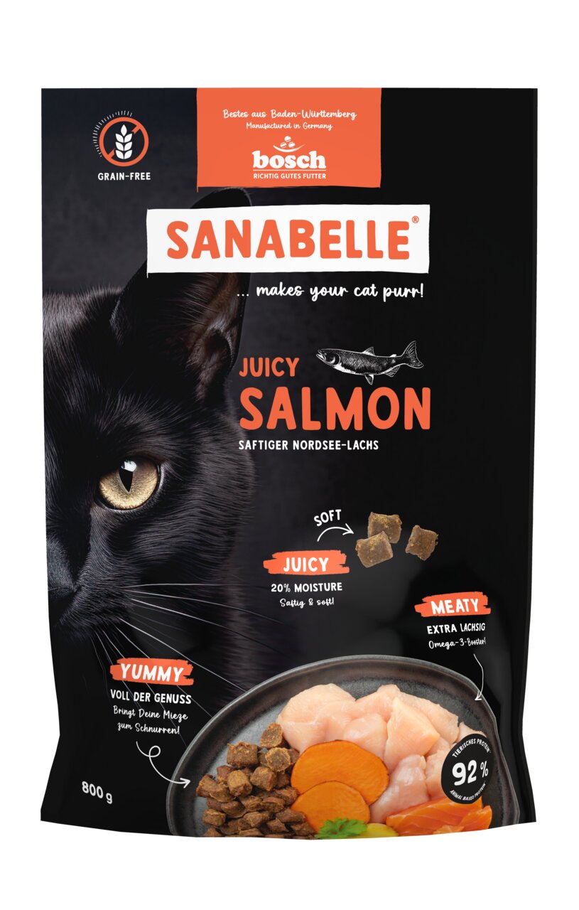 Bosch Sanabelle Juicy Salmon, Katzenfutter, saftiger Nordsee-Lachs, getreidefrei, 92 % tierische Proteine, 20 % Feuchtigkeit, 800 g.