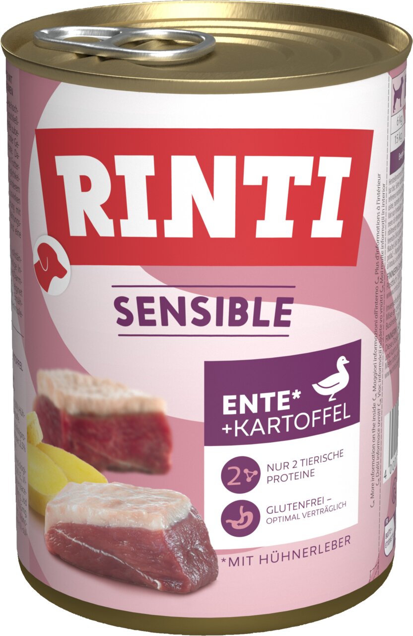 RINTI Sensible Hunde-Nassfutter, Ente und Kartoffel, mit Hühnerleber, glutenfrei, nur 2 tierische Proteinquellen, 400g.