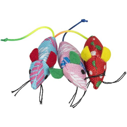 TRIXIE Katzenspielzeug Mäuse, Stoff, bunt (Rot, Blau, Rosa), mit Mustern u. Schnurschwänzen, ideal zum Spielen-Jagen.