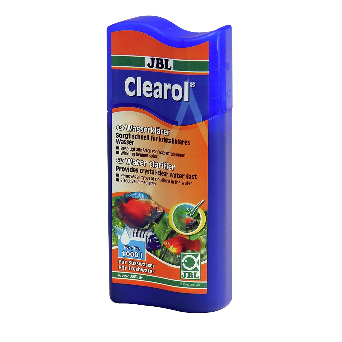 Das Bild zeigt eine blaue Flasche des Produkts "JBL Clearol", einem Wasserklärer für Süßwasseraquarien. Die Marke JBL ist oben auf der Verpackung deutlich sichtbar. Das Produkt verspricht, schnell für kristallklares Wasser zu sorgen, indem es alle Arten v