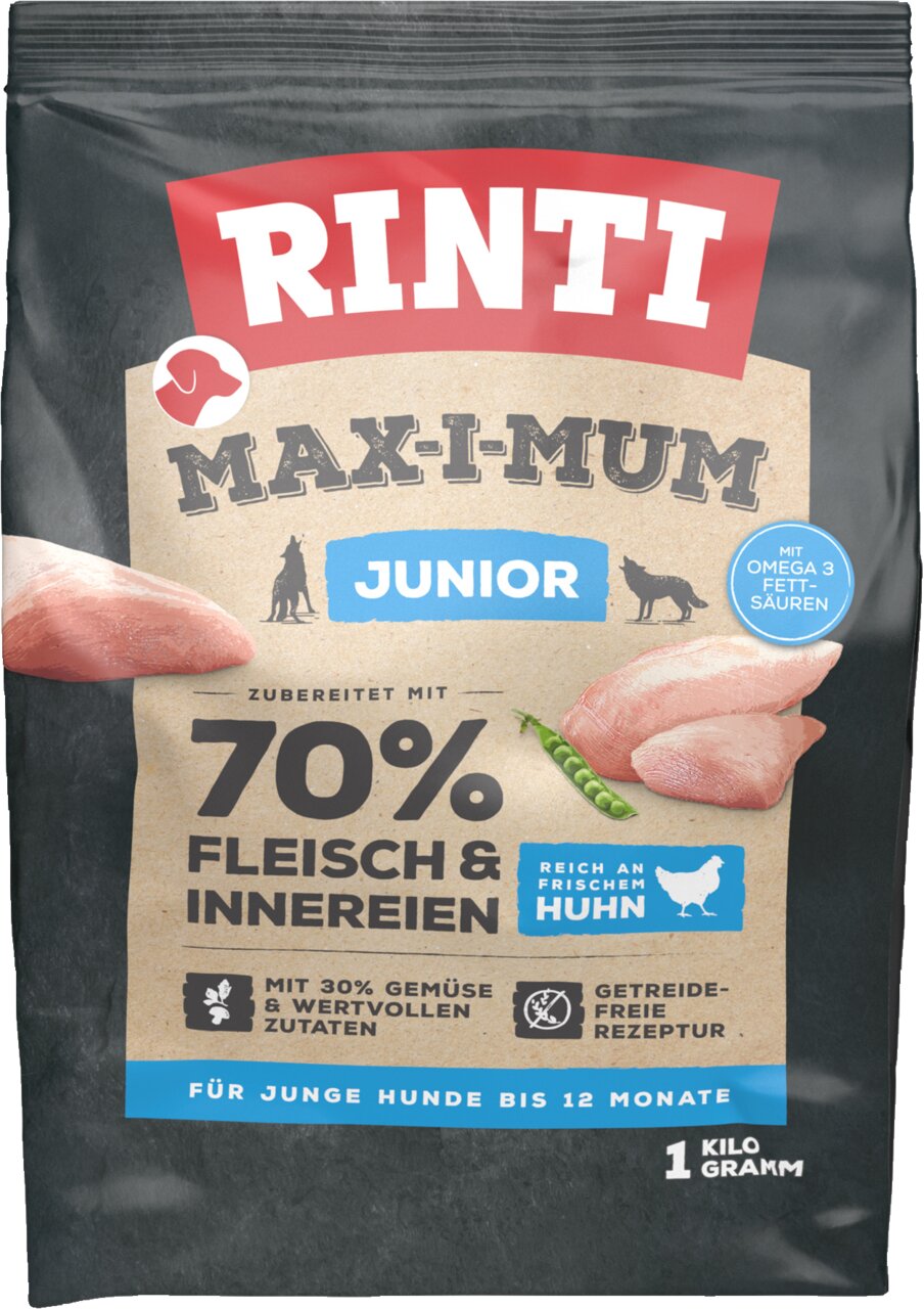 RINTI Max-i-mum Junior Hundefutter für junge Hunde bis 12 Monate, Huhn, getreidefrei, 70 % Fleisch, 1 kg Packung.