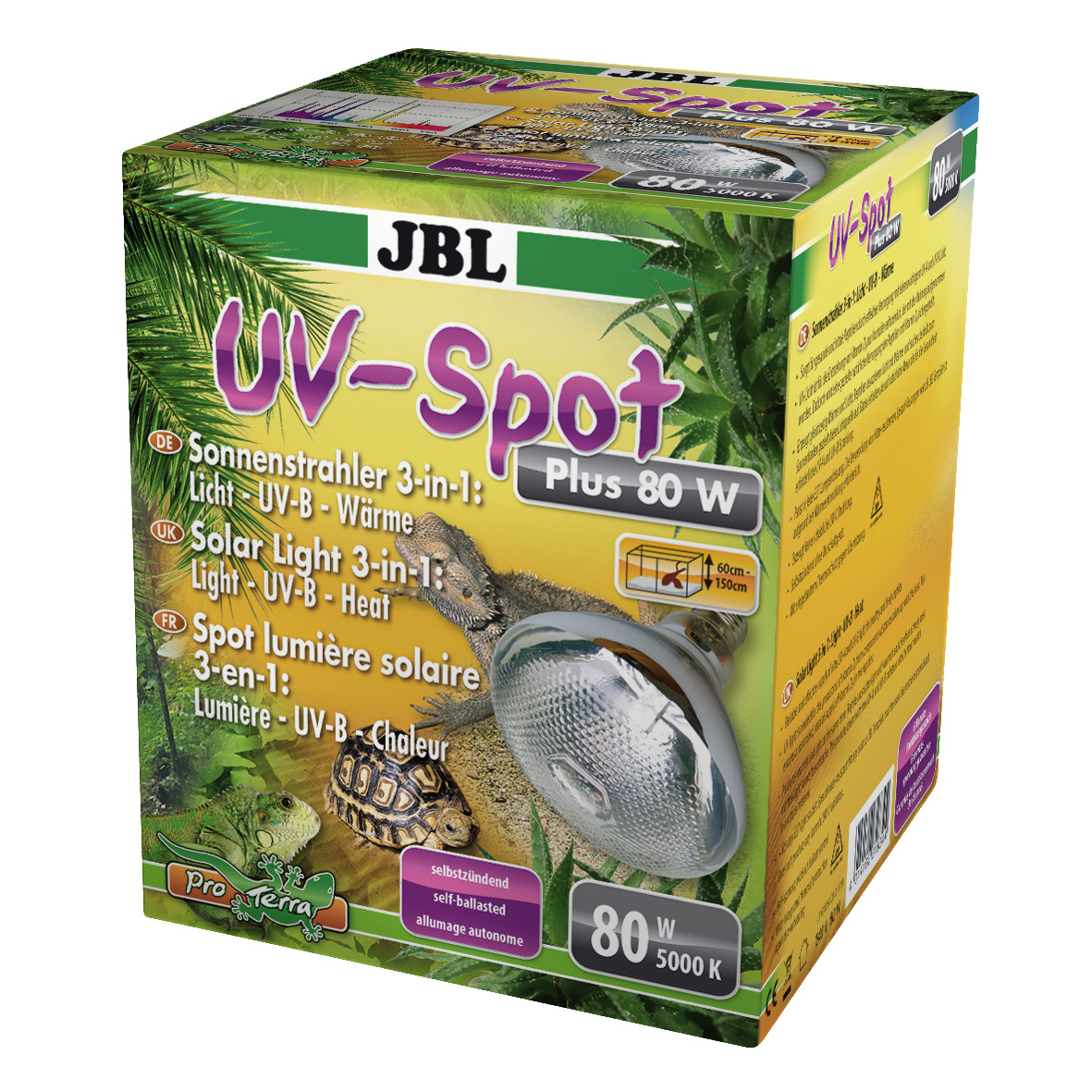 JBL UV-Spot Plus 80 W, Sonnenstrahler 3-in-1 für Reptilien (Schildkröten, Echsen), Licht+UV-B+Wärme, selbstzündend, 80 W, 5000 K.