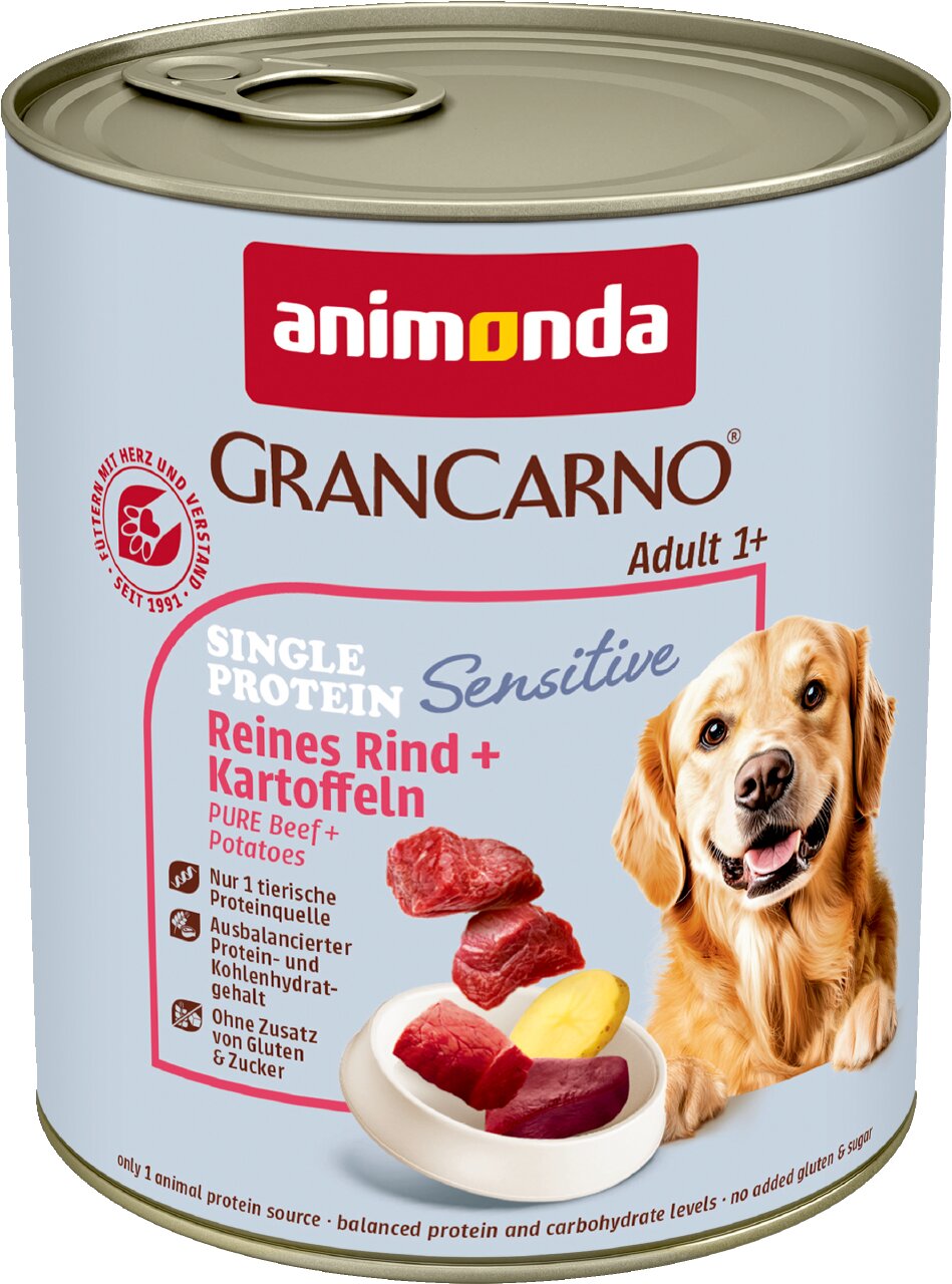 animonda GranCarno Sensitive Adult 1+ für Hunde, Reines Rind + Kartoffeln, Single Protein, ohne Gluten und Zucker, Dose