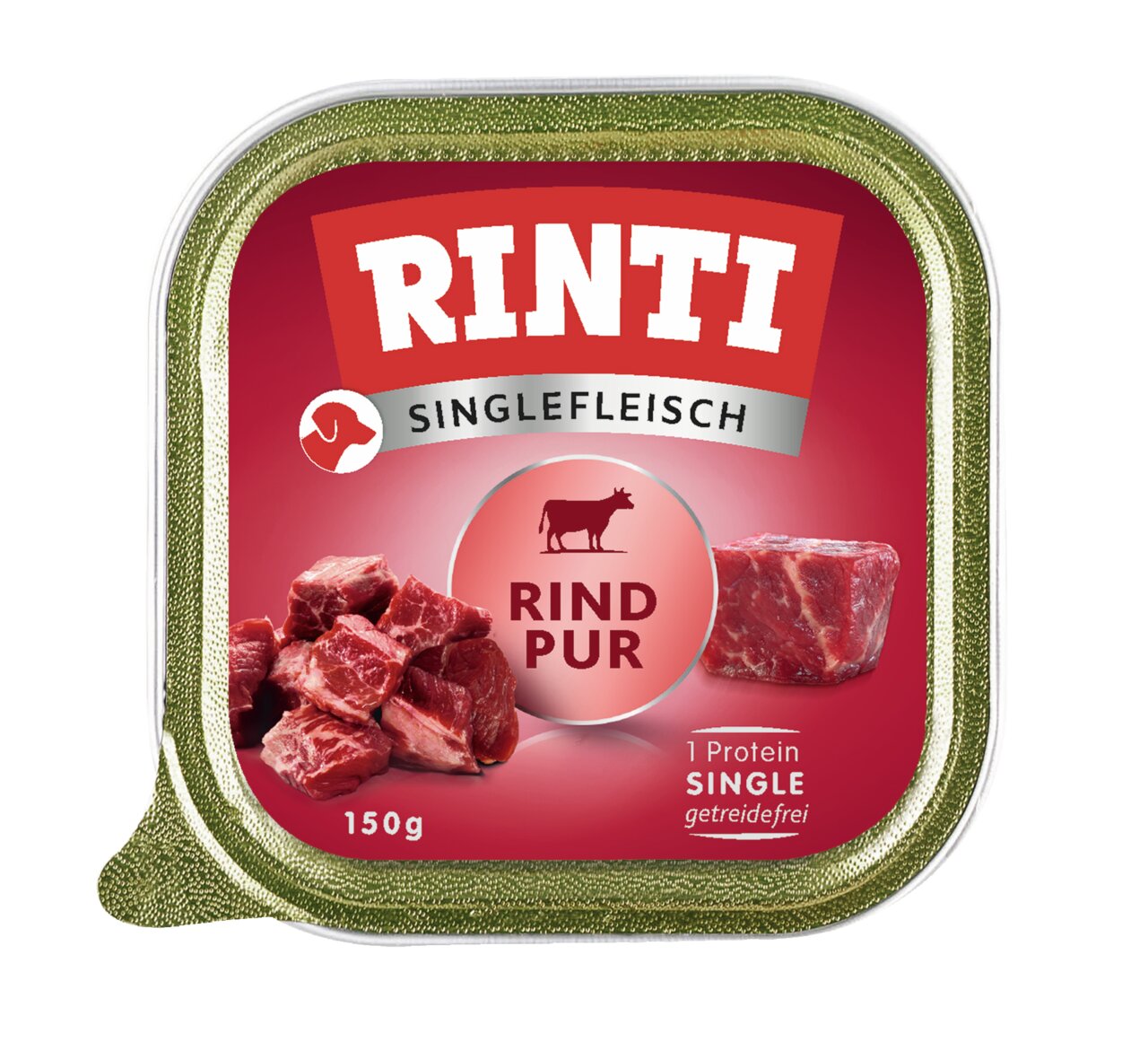 RINTI Singlefleisch Rind Pur für Hunde, Rindgeschmack, getreidefrei, Single-Protein, 150 g Packung.