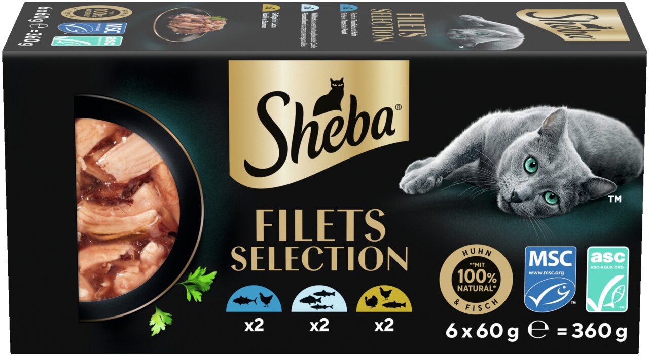 Sheba Filets Selection für Katzen, Geschmacksrichtungen: Huhn und Fisch, 6x60 g, 100 % natürlich, MSC- und ASC-zertifiziert.