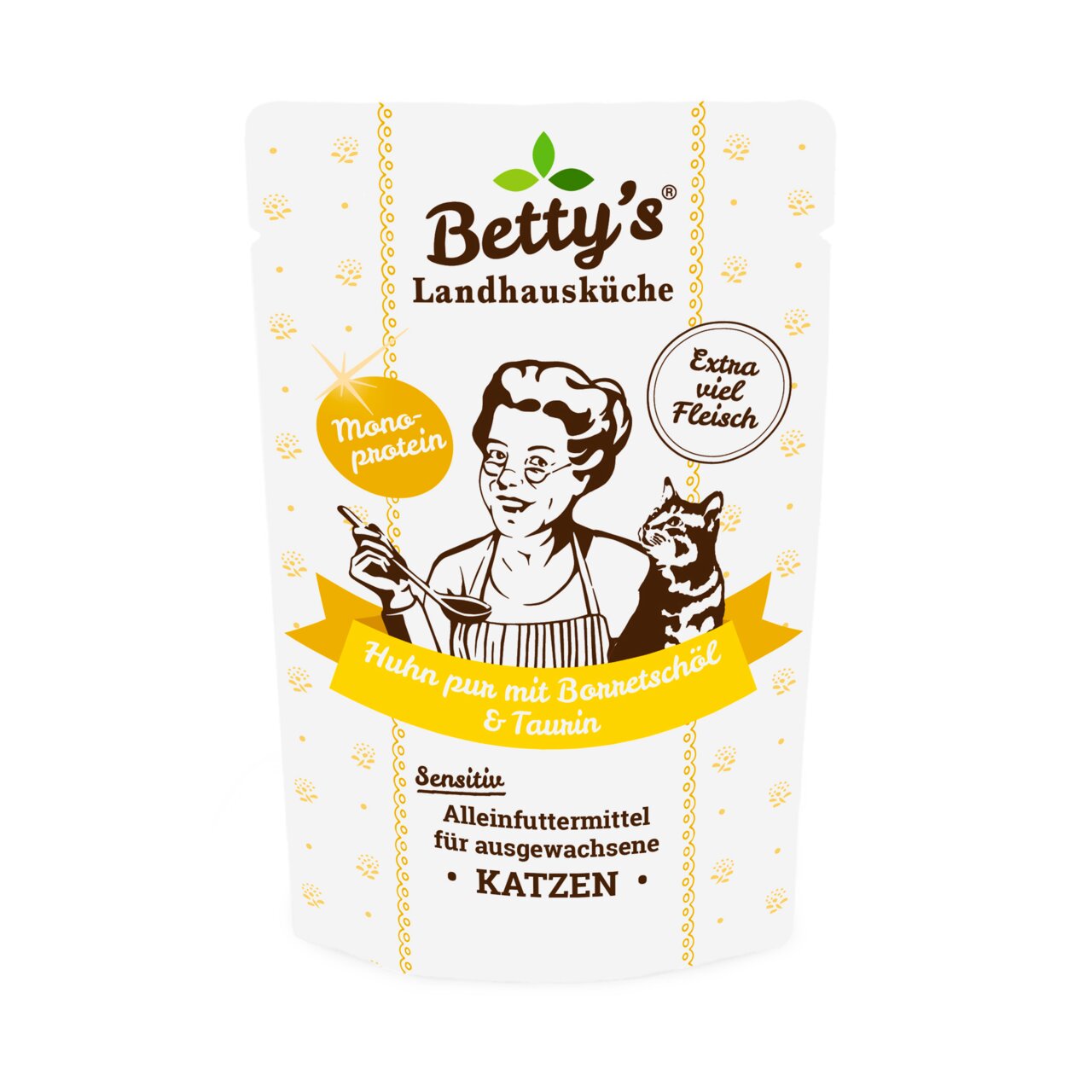Betty’s Landhausküche Sensitive Huhn pur mit Borretschöl & Taurin für ausgewachsene Katzen, Monoprotein, extra viel Fleisch.