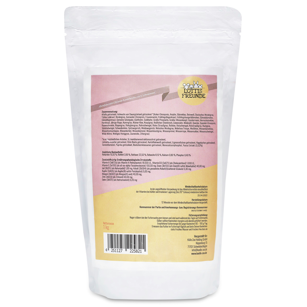 Lottis Freunde Trockenfutter für Nagetiere, 1 kg, hochwertig, mit Angaben zu Inhaltsstoffen, Bestandteilen & Fütterungsempfehlungen.