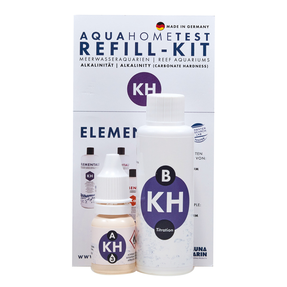 FAUNA MARIN AquaHomeTest Refill-Kit, Riffaquarien, KH-Messung, 2 Fläschchen ("A KH", "B KH"), Verpackung, Made in Germany.