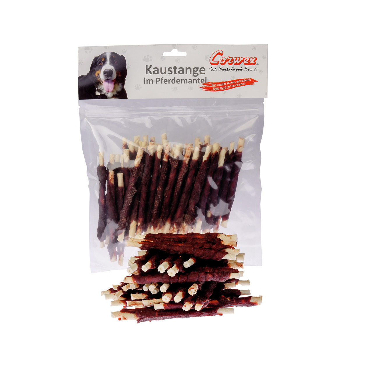 Corwex Kaustange im Pferdemantel, Hundesnack, getrocknetes Pferdefleisch, 100% Fleisch im Rohprotein, mehrere Stücke.