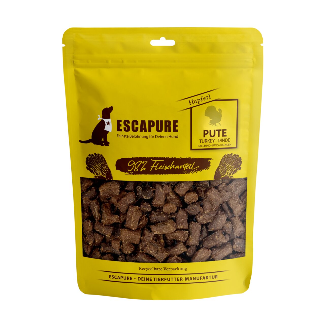 ESCAPURE Hundesnack „Hupferl Pute“ mit 98 % Fleischanteil, recycelbare Verpackung, Geschmacksrichtung Pute, 125 g.