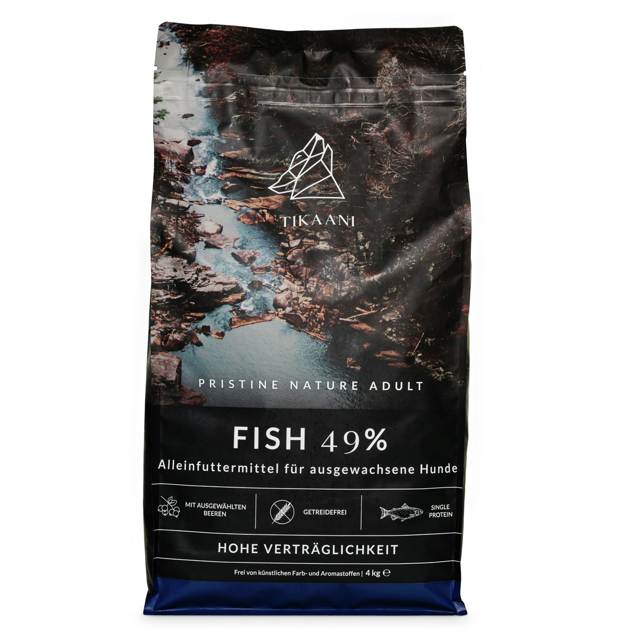 TIKAANI Pristine Nature Adult Fish 49%, für ausgewachsene Hunde, Fisch, 4 kg, getreidefrei, mit Beeren, Single-Protein.