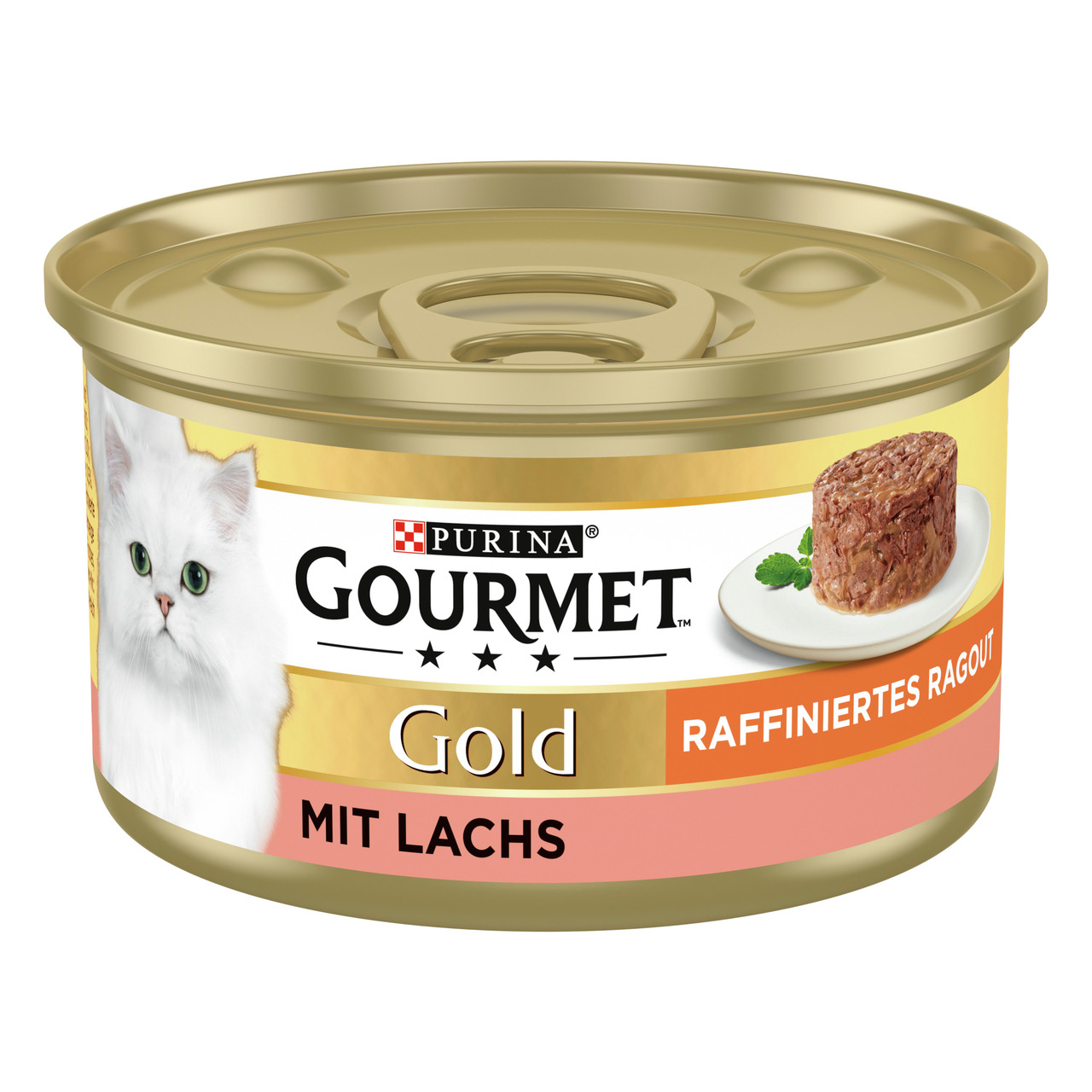 Das Bild zeigt eine goldene Dose Katzenfutter der Marke Purina Gourmet Gold mit der Geschmacksrichtung Lachs. Die Zielgruppe sind Katzen. Auf der Verpackung steht „Raffiniertes Ragout“. Abgebildet ist eine weiße Katze und eine Portion des Futters auf eine