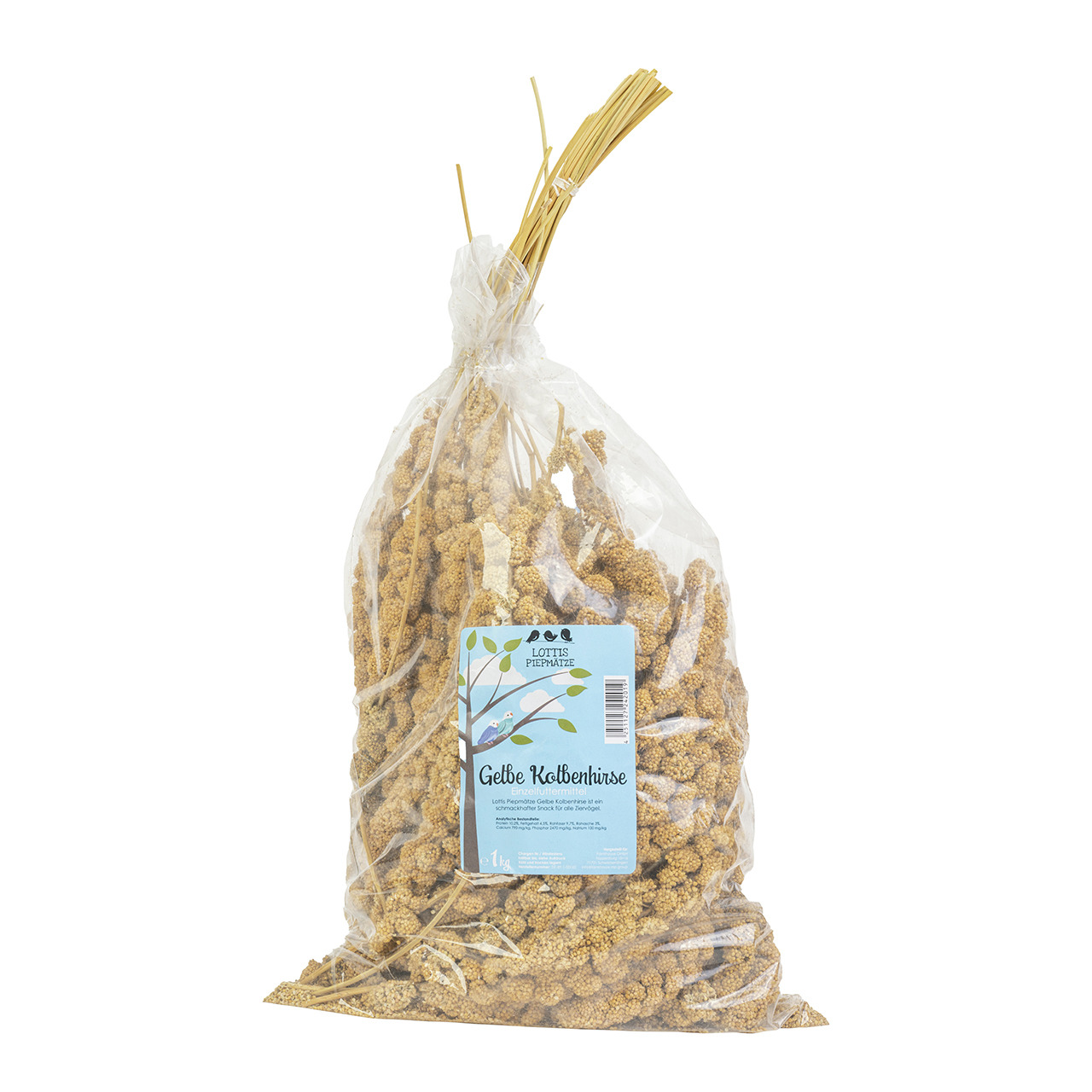 Lottis Piepmätze Gelbe Kolbenhirse, 1 kg, für Ziervögel, naturbelassen, gesunder Snack, ideal für artgerechte Ernährung.
