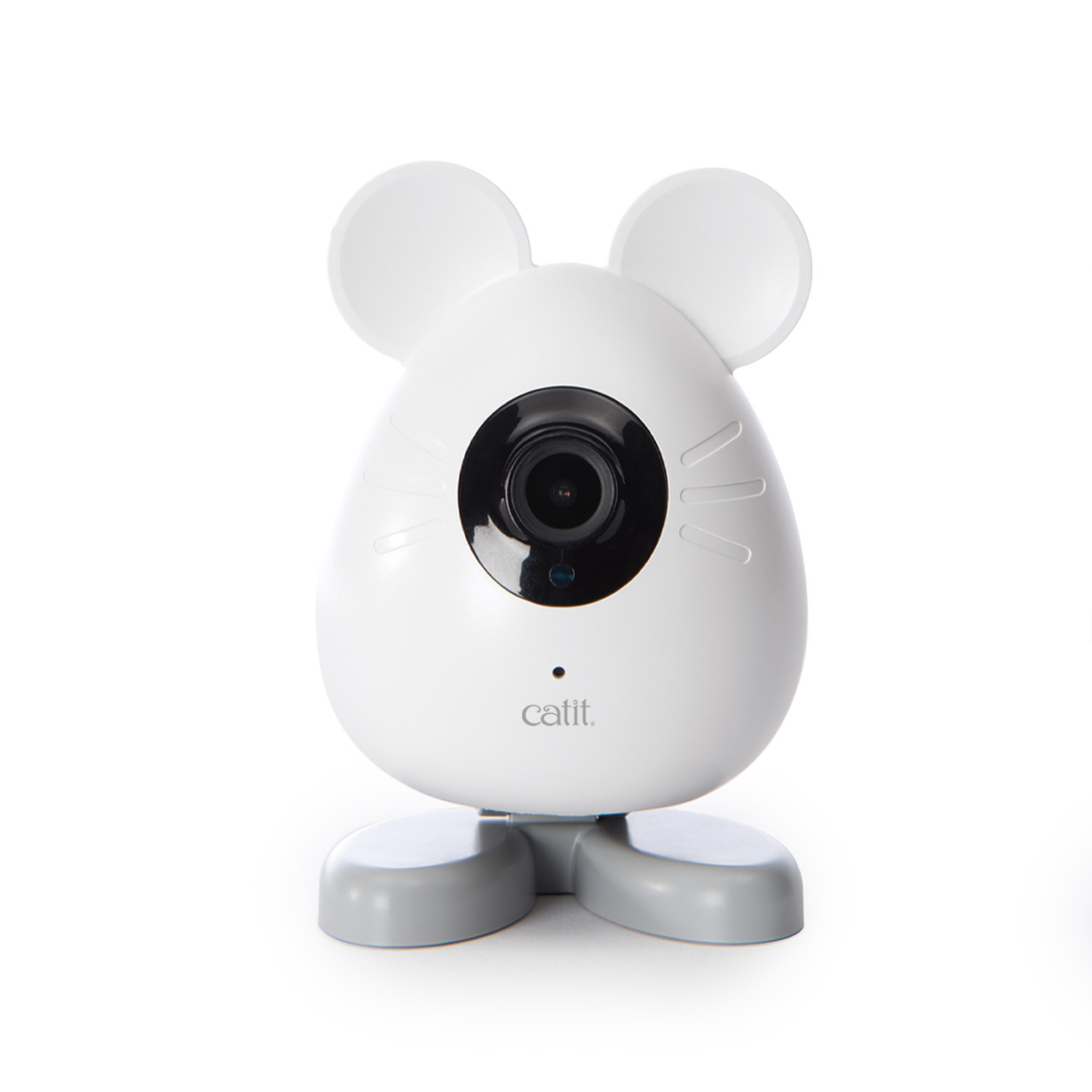 Das Bild zeigt die Catit PIXI Smart-Kamera, ein modernes Überwachungsgerät für Katzenbesitzer. Die Kamera hat ein einzigartiges Design in Form eines weißen Mäusekopfes mit Ohren und einer schwarzen Linse in der Mitte. Sie ermöglicht die Fernüberwachung vo