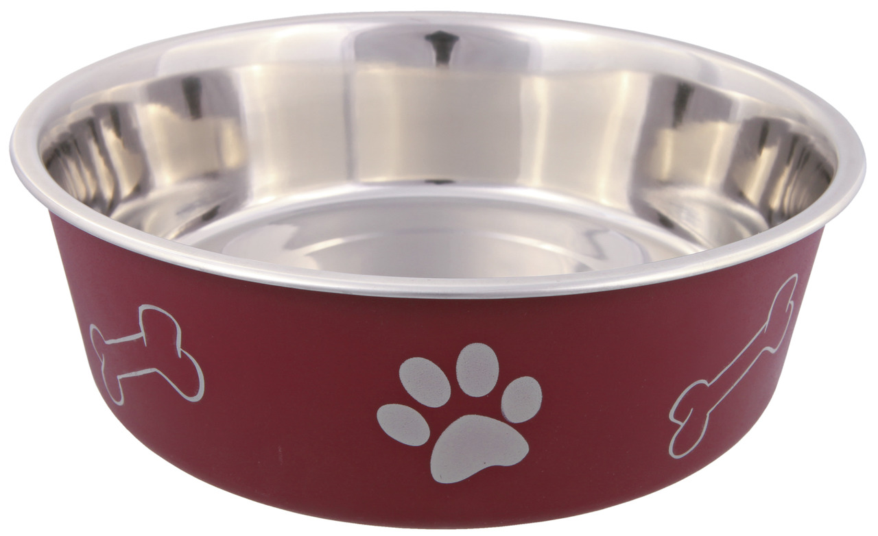 TRIXIE Futternapf, Edelstahl, rutschfest, für Hunde, rot mit Pfoten--Knochenmotiven, langlebig, leicht zu reinigen, ideal für Futter-Wasser.