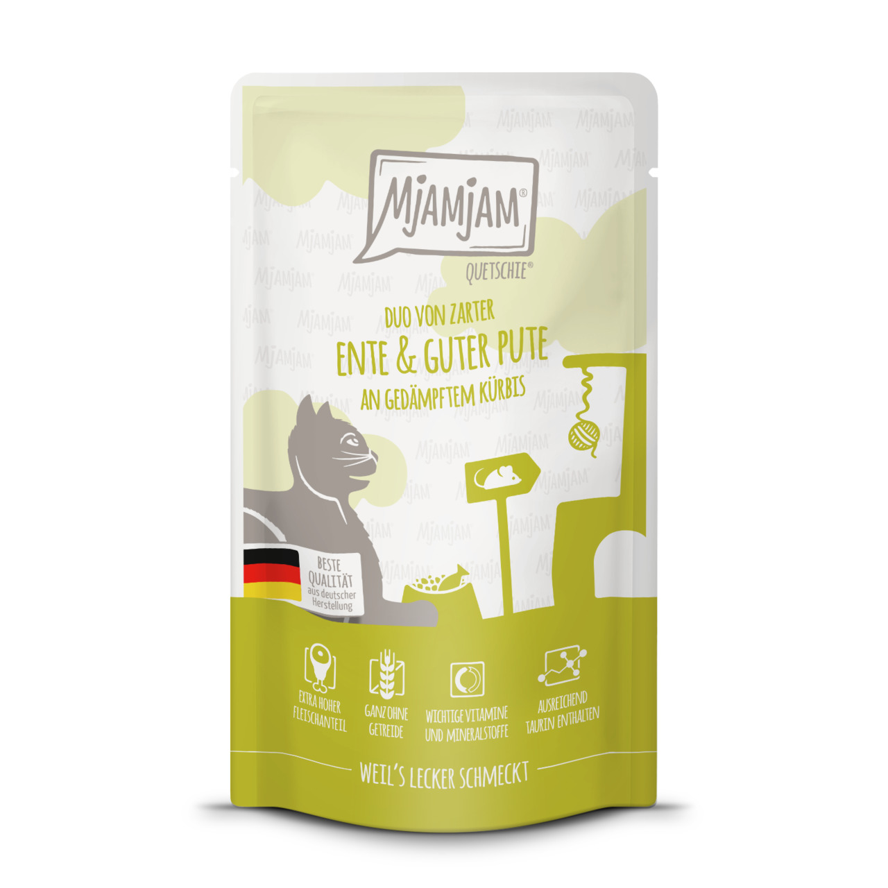 MJAMJAM Duo Ente & Pute mit Kürbis, Katzenfutter, 85 g, beste Qualität, hoher Fleischanteil, getreidefrei, Vitamine, Taurin.