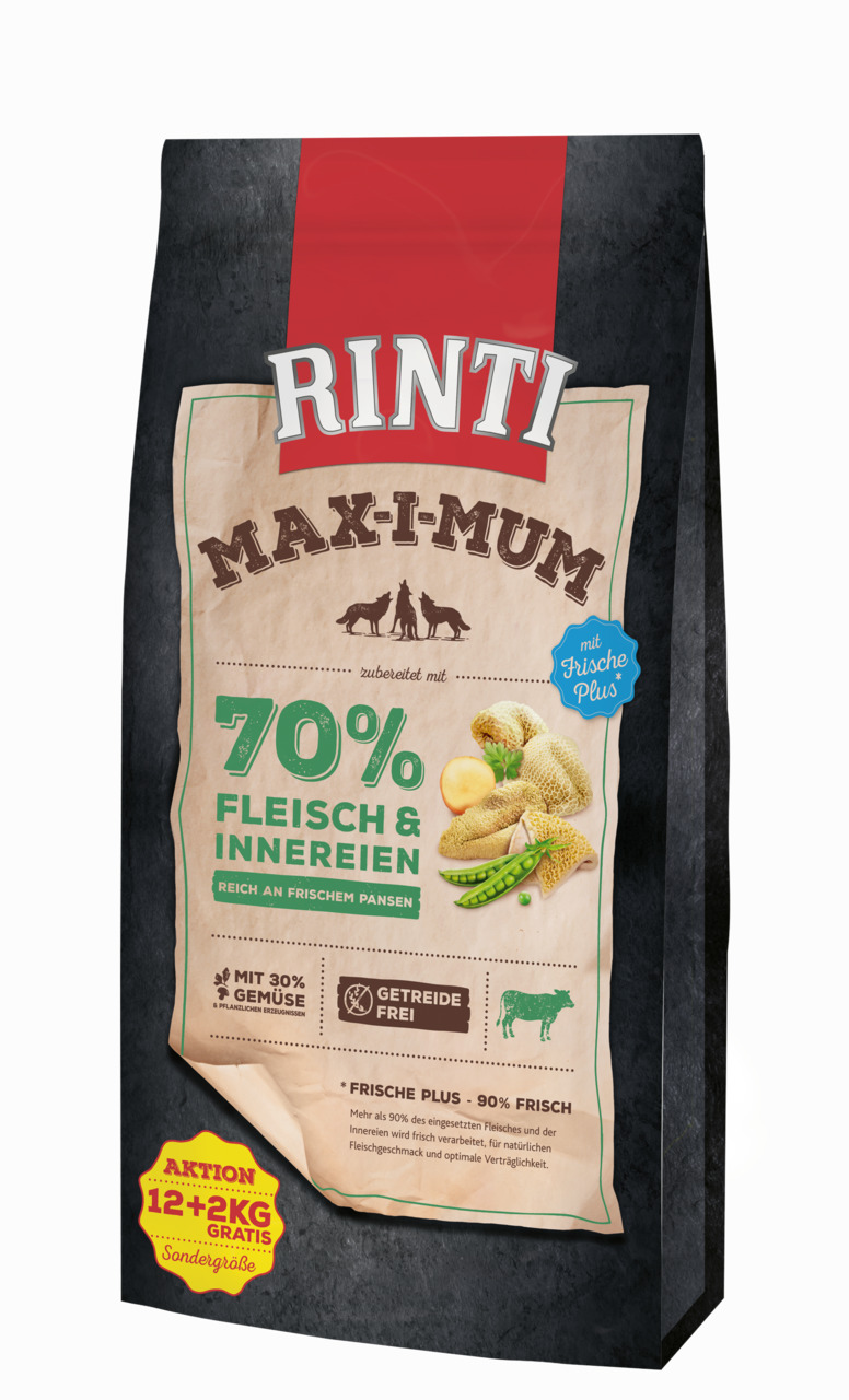 Das Bild zeigt eine Verpackung des Hundefutters „RINTI Max-i-Mum“ in der Sondergröße von 12+2 kg gratis. Es handelt sich um ein getreidefreies Trockenfutter für Hunde, das zu 70 % aus Fleisch und Innereien besteht, reich an frischem Pansen. Enthalten sind