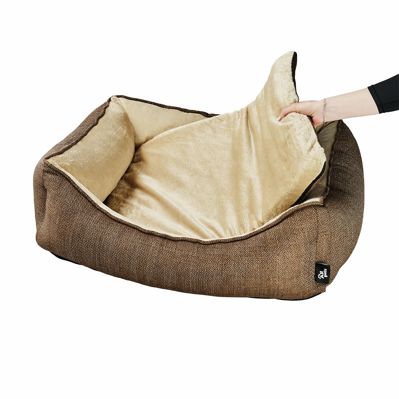 Allpets Haustierbett, braun, für Hunde & Katzen, mit wendbarem Kissen, flauschig, cremefarben, langlebig, leicht zu reinigen.