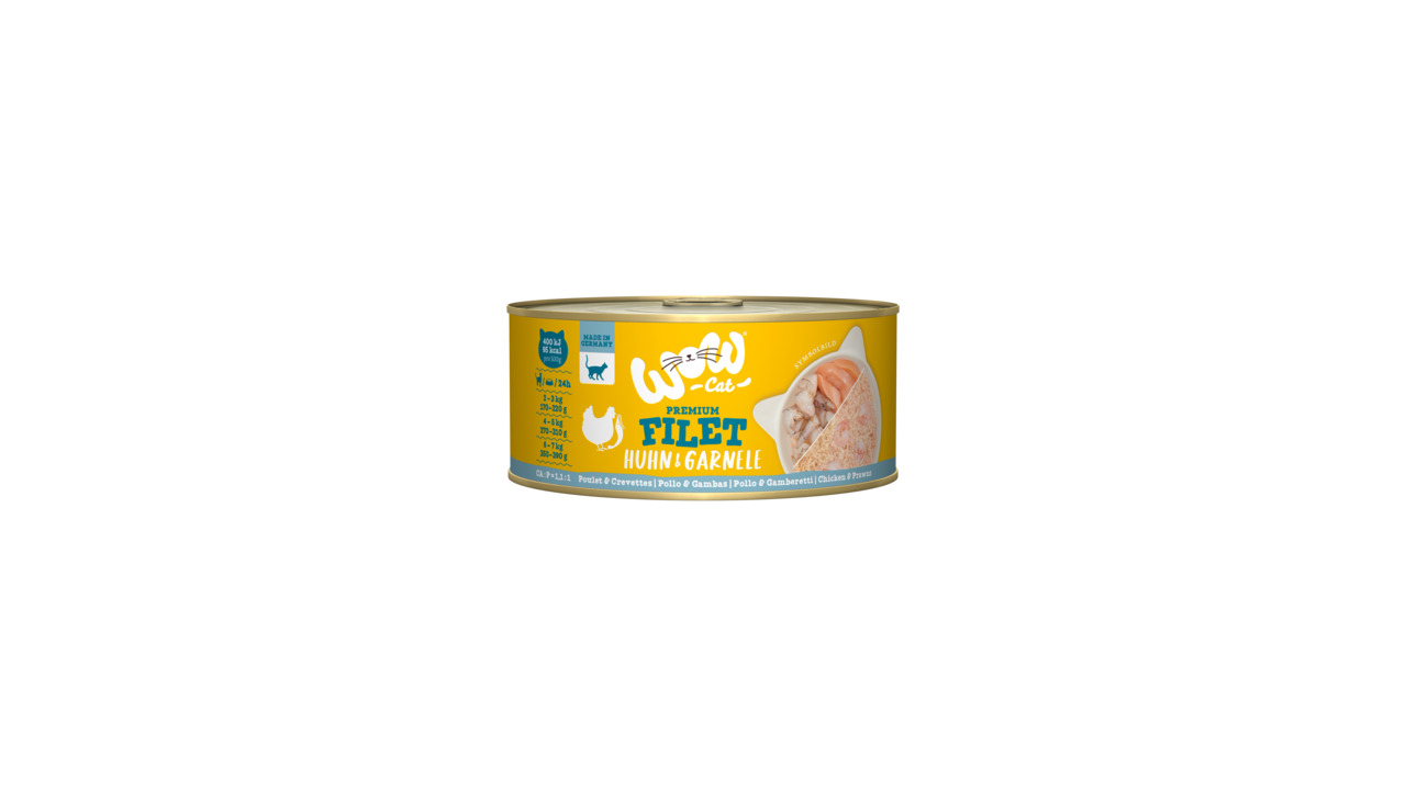 Das Bild zeigt eine gelbe Dose des Katzenfutters „WOW CAT Premium Filet Huhn & Garnele“. Die Marke ist WOW CAT, und das Produkt richtet sich an Katzen. Die Geschmacksrichtung ist Huhn und Garnele. Auf der Dose sind 70 g Inhalt angegeben. Das Futter ist al