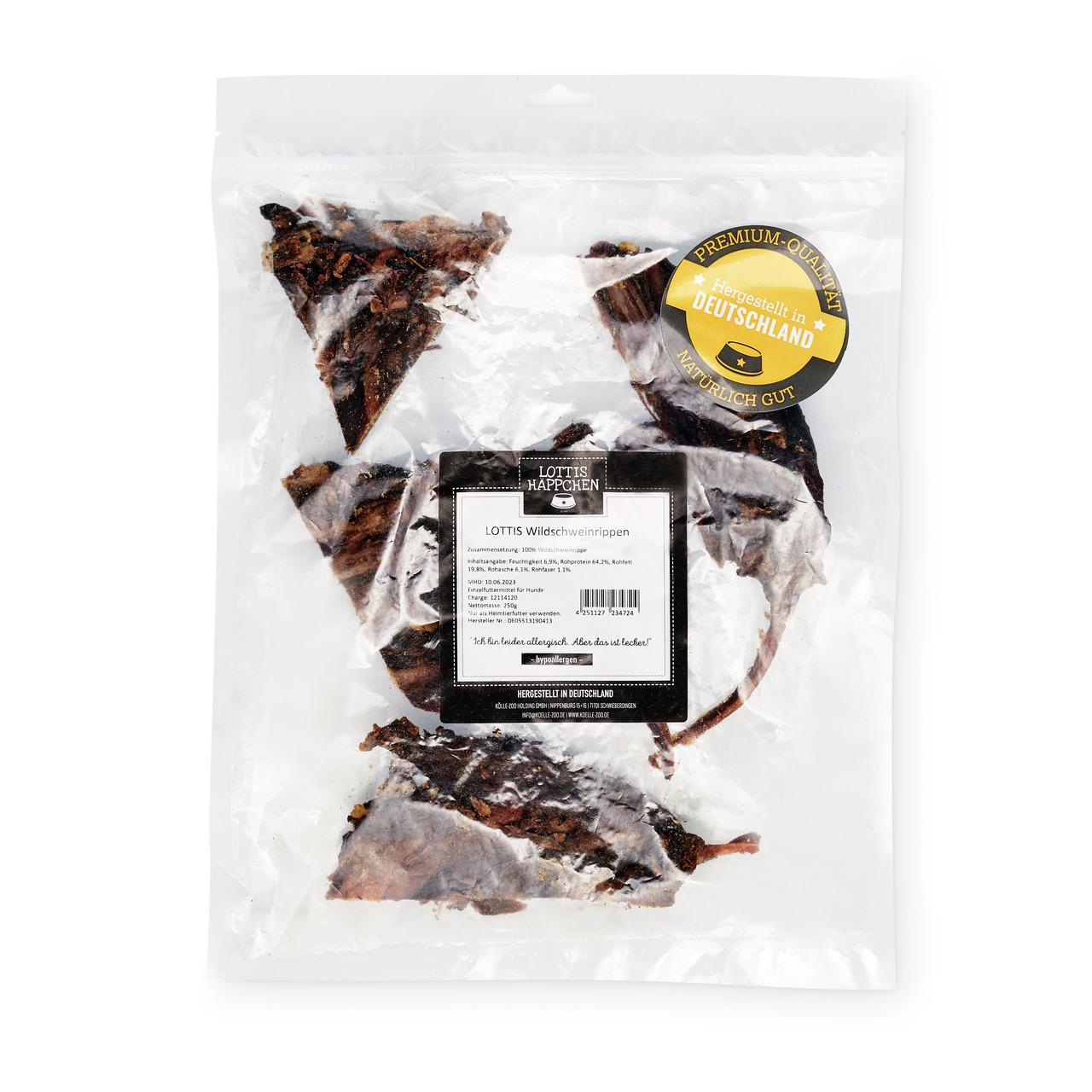 LOTTIS HÄPPCHEN Wildschweinrippen, Premium-Kausnack für Hunde, Geschmack: Wildschwein, 100% natürlich, hergestellt in Deutschland.
