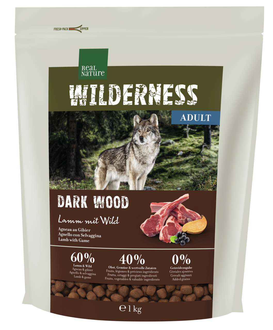REAL NATURE WILDERNESS Adult Dark Wood, für ausgew. Hunde, Lamm+Wild, getreidefrei, 1 kg, 60 % Fleisch, 40 % Obst+Gemüse.