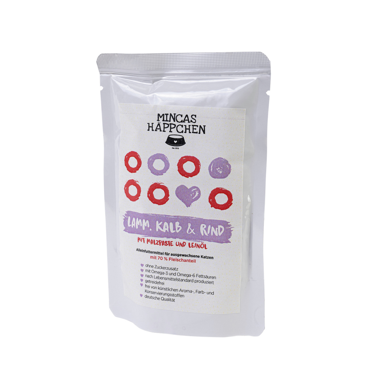 MINCAS HÄPPCHEN Katzenfutter, Lamm-Kalb-Rind, für ausgew. Katzen, 70 % Fleisch, ohne Zucker, getreidefrei, deutsche Qualität.