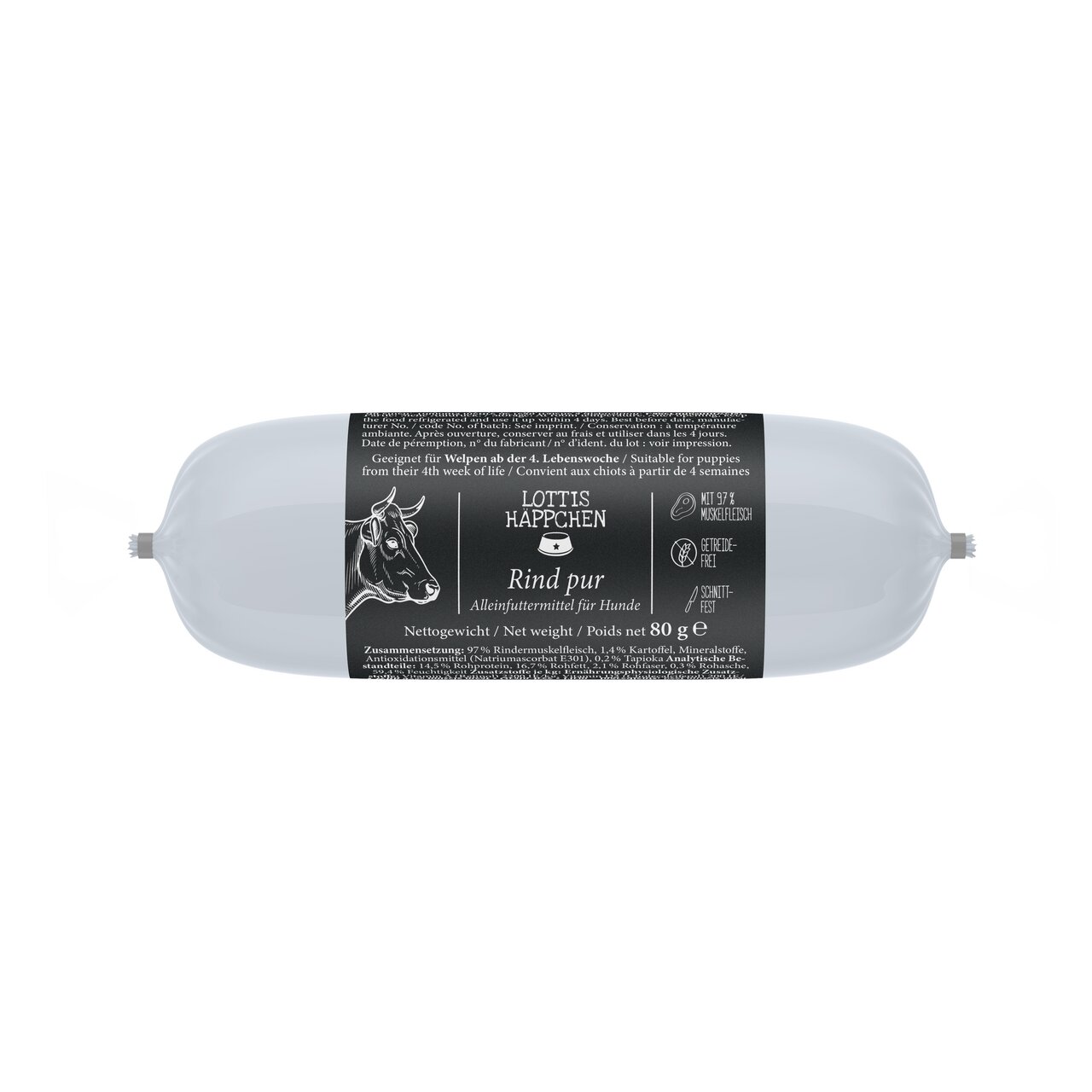 Lottis Häppchen Rind Pur Alleinfuttermittel für Hunde, geeignet für Welpen, 80 g, 97 % Muskelfleisch, getreidefrei.