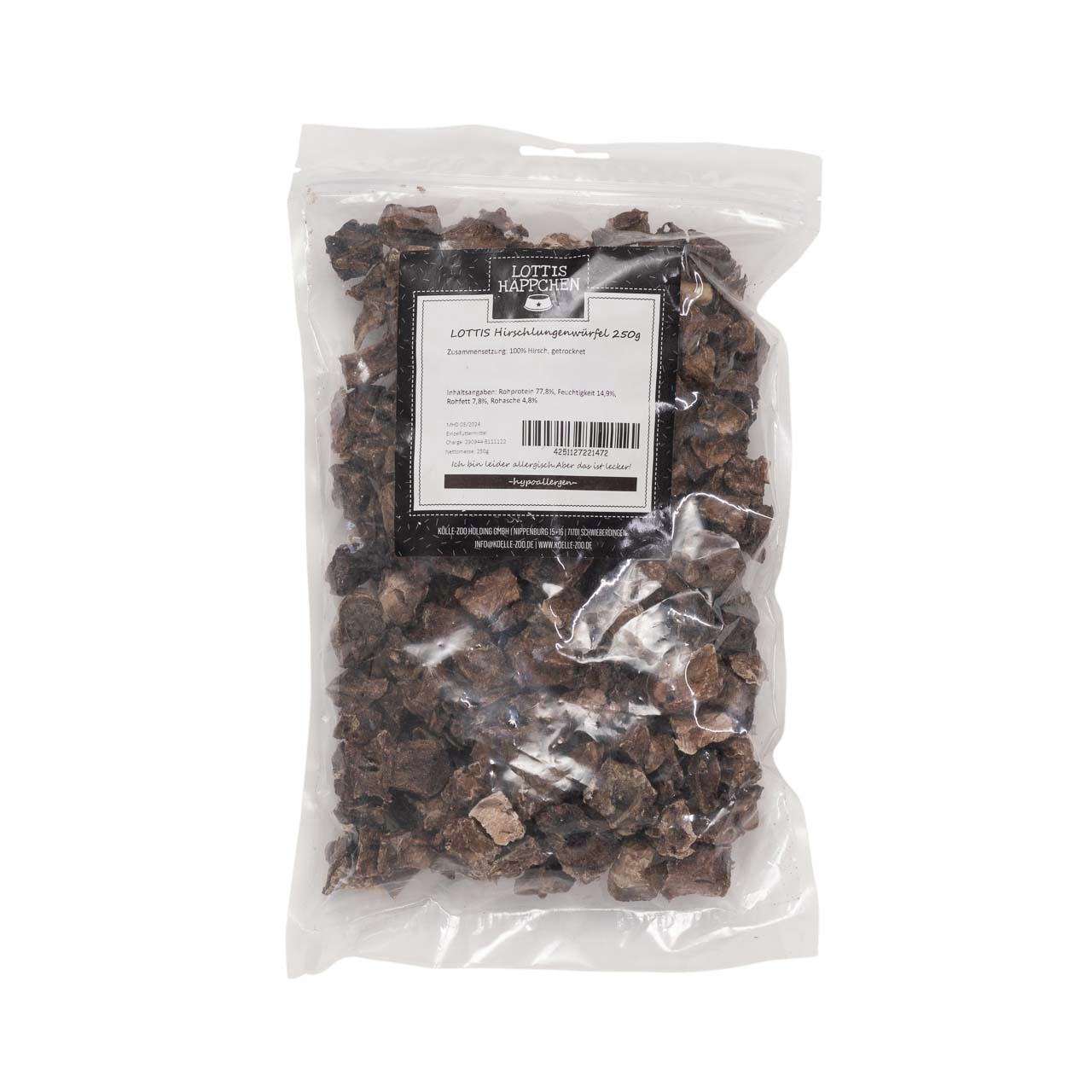 LOTTIS HÄPPCHEN Hirschlungenwürfel, 250 g, für Hunde, 100 % getrocknete Hirschlunge, ideal als Belohnung/Trainingssnack.