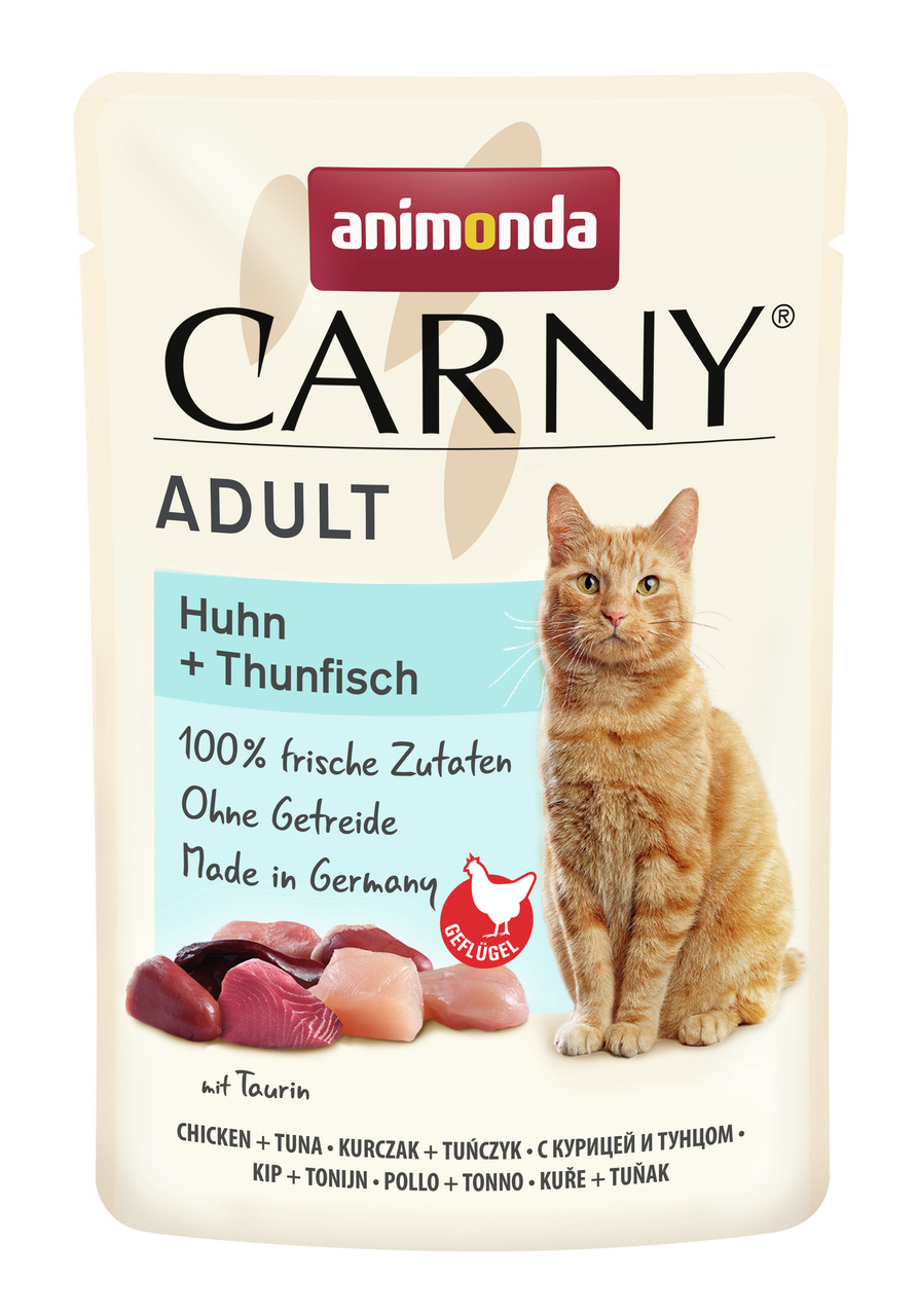 Animonda Carny Adult, Katzenfutter für ausgewachsene Katzen, Huhn & Thunfisch, 100 % frische Zutaten, ohne Getreide, 85 g.