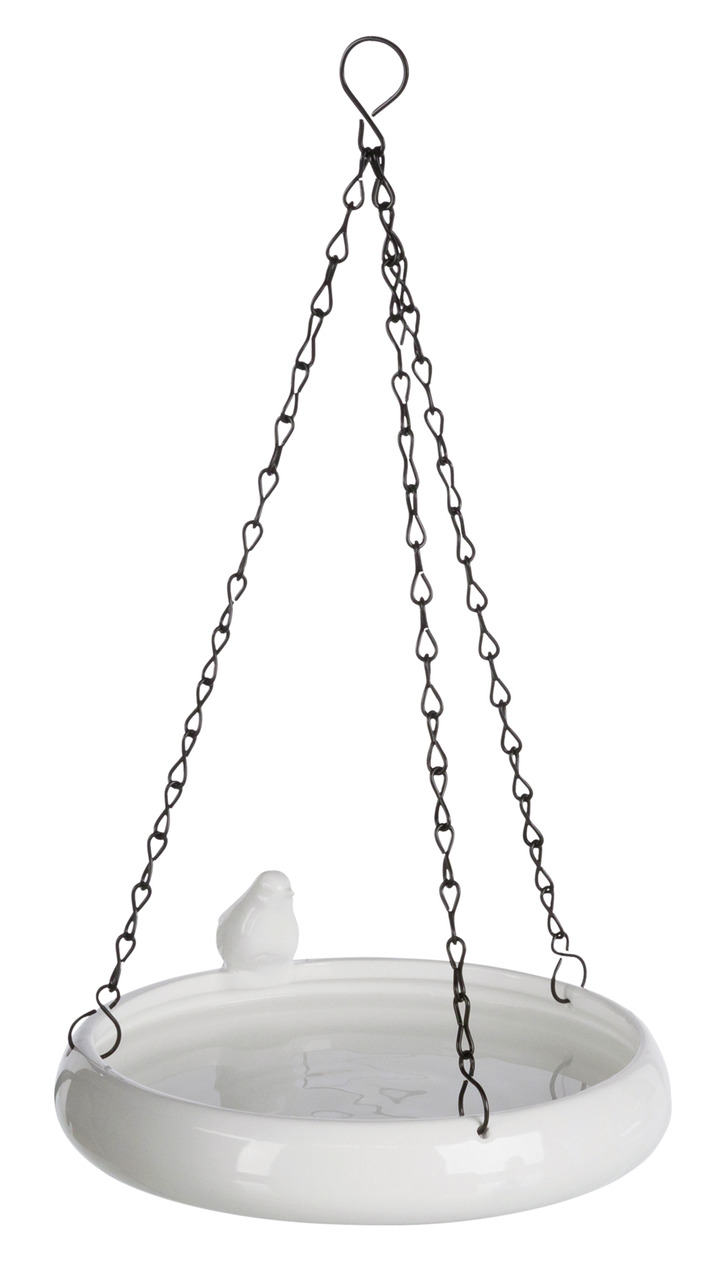 Hängende Vogeltränke von TRIXIE aus weißer Keramik mit dekorativer Vogel-Figur am Rand. Geeignet für Wildvögel, ideal zur Wasserversorgung im Garten. Inklusive stabiler Metallkette zur Aufhängung. Stilvolles Design, wetterfest und leicht zu reinigen.