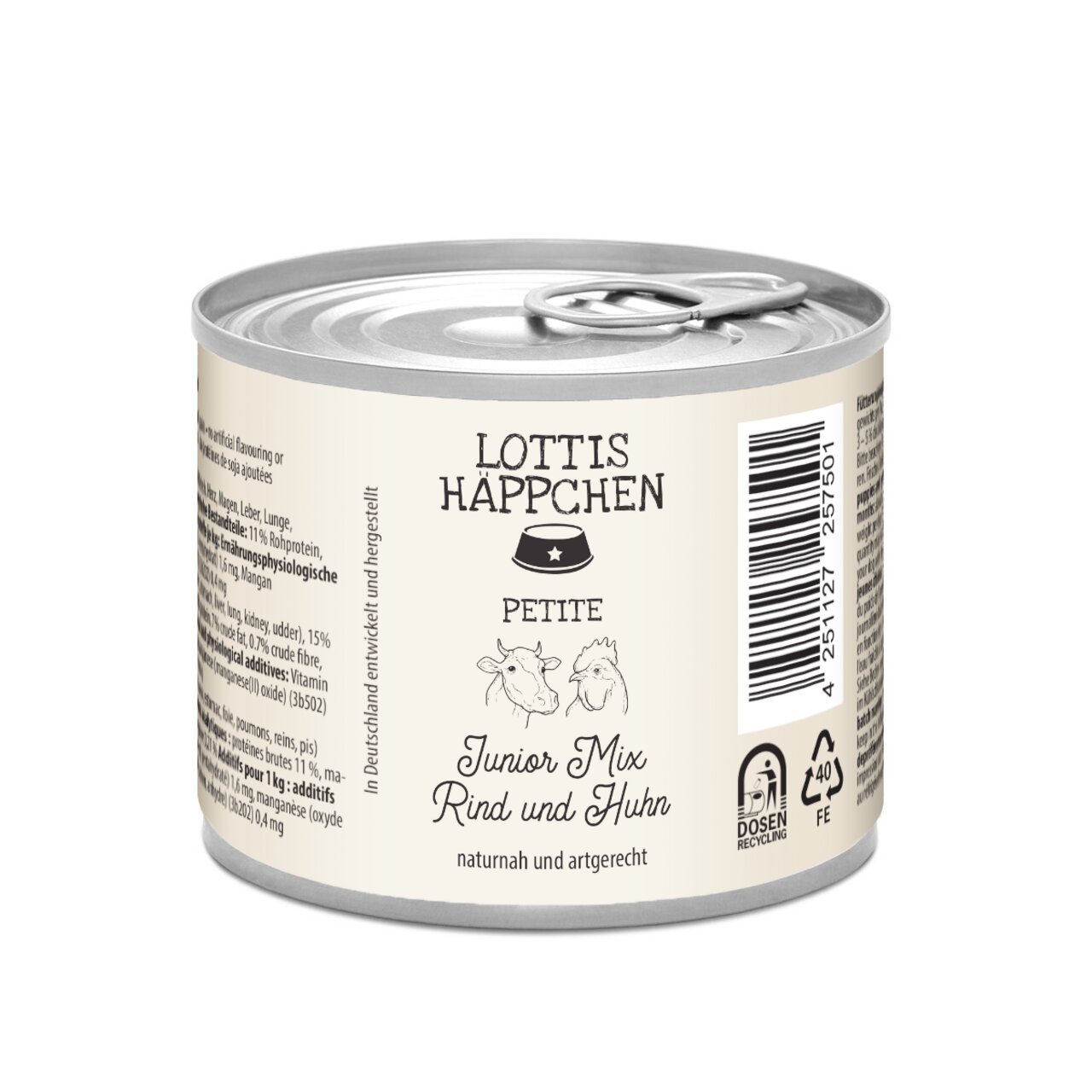 Lottis Häppchen Petite Junior Mix Rind und Huhn, für junge Hunde, 200 g Dose, natürlich und artgerecht produziert.