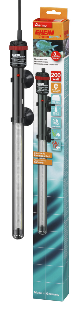 EHEIM thermocontrol Aquariumheizer, 200W, für 300-400L, präzise Temp.regelung, sicher, schwarz-rot, Saugnäpfe, Made in Germany.
