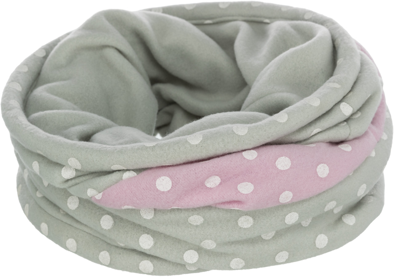 Das Bild zeigt einen weichen, gepunkteten Schal der Marke TRIXIE, geeignet für Haustiere wie Hunde. Der Schal besteht aus grauem und rosa Fleece mit weißen Punkten und bietet Komfort sowie Wärme. Ideal für kleine bis mittelgroße Hunde, besonders in kälter