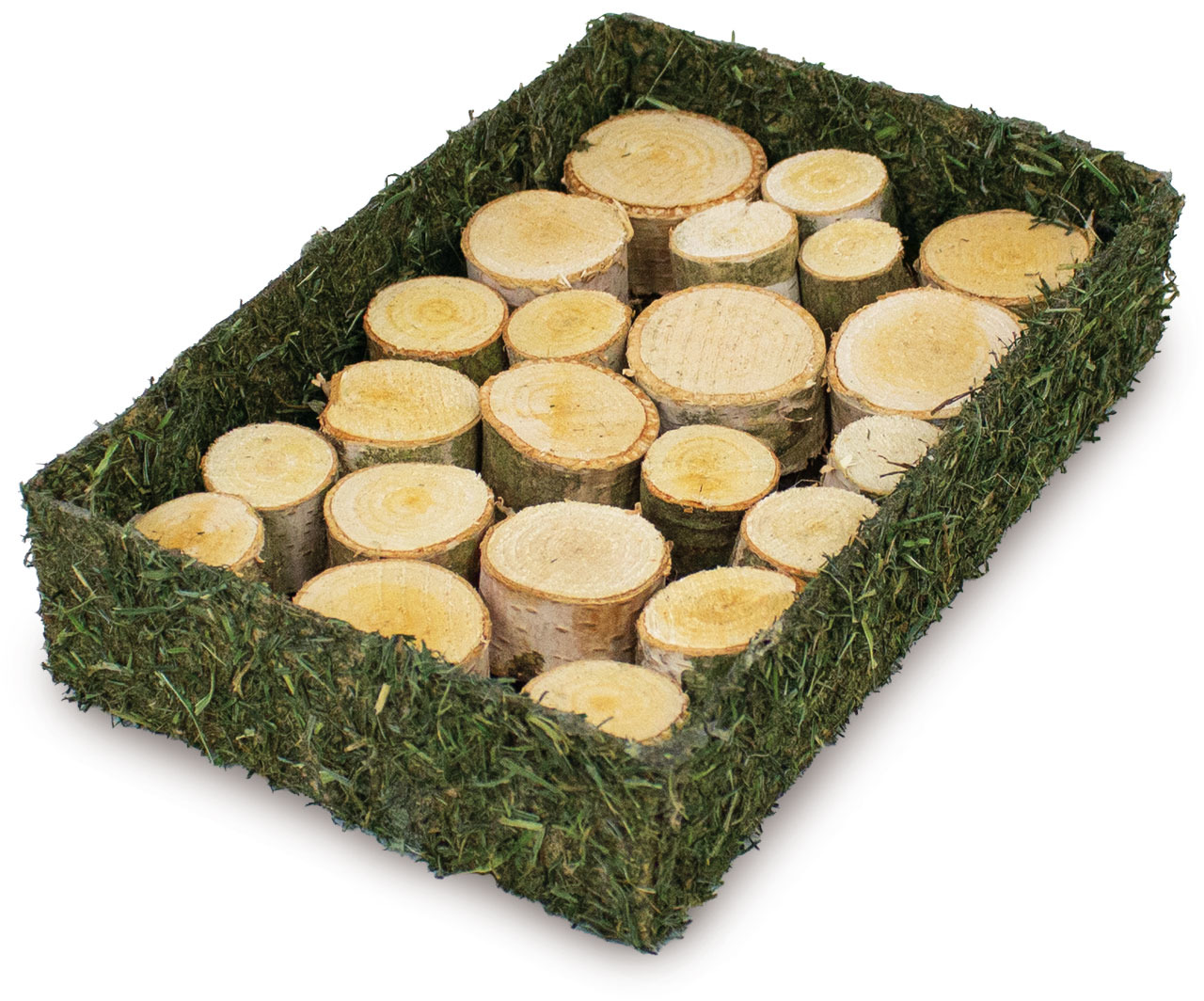 JR FARM Knabber-Holztablett für Kaninchen/Nagetiere, mit Holzstücken & Heurand, ideal zur Beschäftigung/Zahnpflege.