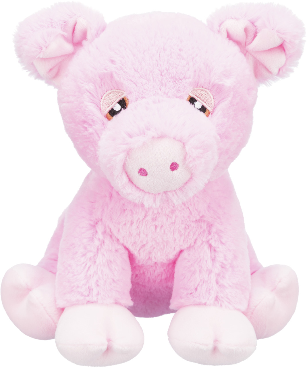 Das Bild zeigt ein rosa Plüschspielzeug in Form eines Schweins der Marke TRIXIE. Es ist speziell für Hunde als Spielzeug geeignet. Das Schwein hat eine weiche, flauschige Oberfläche und niedliche Details wie gestickte Augen und eine rosa Schnauze. Ideal f