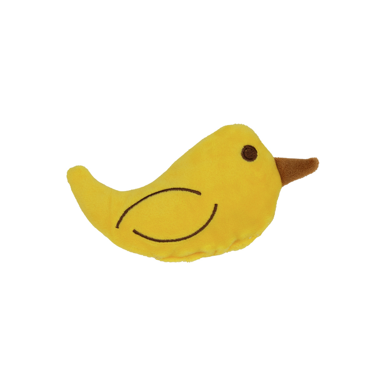Gelbes Plüschspielzeug in Form eines Vogels der Marke Allpets, geeignet für Haustiere wie Hunde oder Katzen. Das Spielzeug hat einen braunen Schnabel, ein gesticktes Auge und eine geschwungene schwarze Linie, die einen Flügel darstellt. Ideal für Spiel un