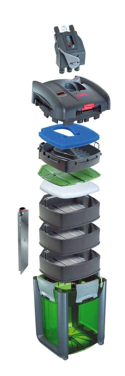 Das Bild zeigt den EHEIM professionel 3 Außenfilter, ein hochwertiges Filtersystem für Aquarien. Es ist für Aquarienbesitzer geeignet und bietet eine effiziente Wasserreinigung. Die Darstellung zeigt den Filter in einer Explosionsansicht mit seinen einzel