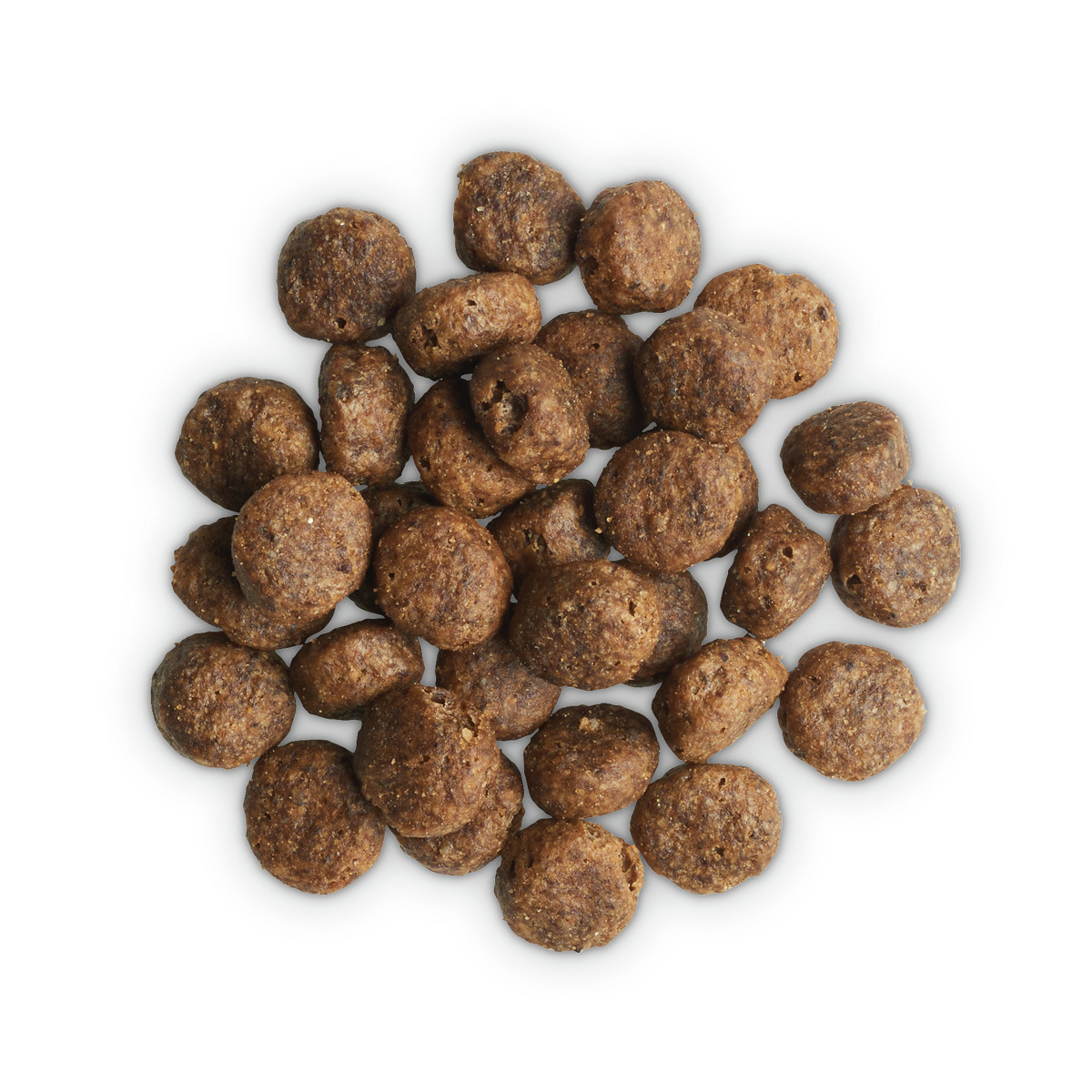 Das Bild zeigt TIKAANI Trockenfutter für Hunde, speziell entwickelt für ausgewachsene Hunde. Die runden, braunen Kroketten haben eine gleichmäßige Größe und sind ideal für mittelgroße bis große Hunde. Die Geschmacksrichtung ist Lachs und Kartoffel. Verpac