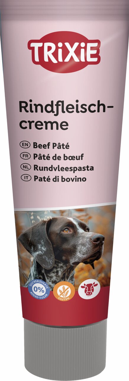 TRIXIE Rindfleischcreme für Hunde, Geschmacksrichtung Rind, ohne Zuckerzusatz und glutenfrei, 110 g Tube.