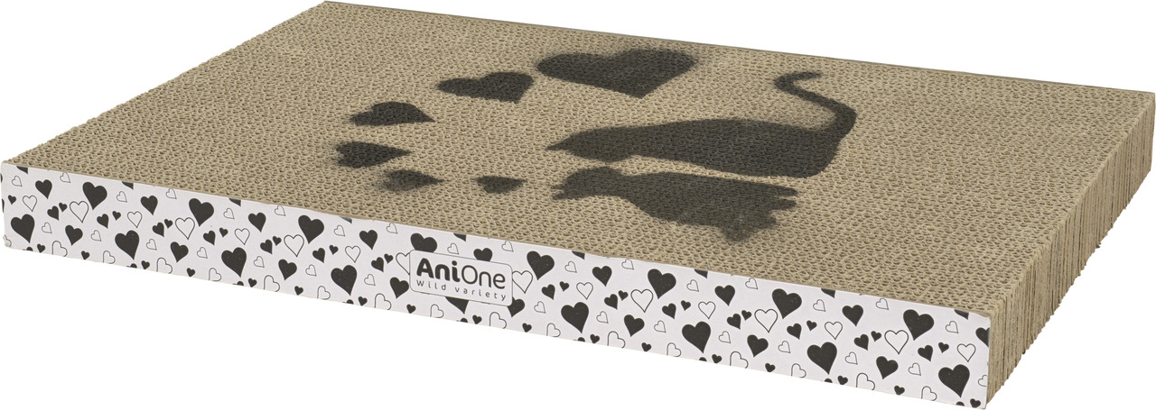 AniOne Kratzmatte für Katzen, Wellkarton, dekoratives Katzendesign mit Herzmotiven, ideal zur Krallenpflege & Beschäftigung.