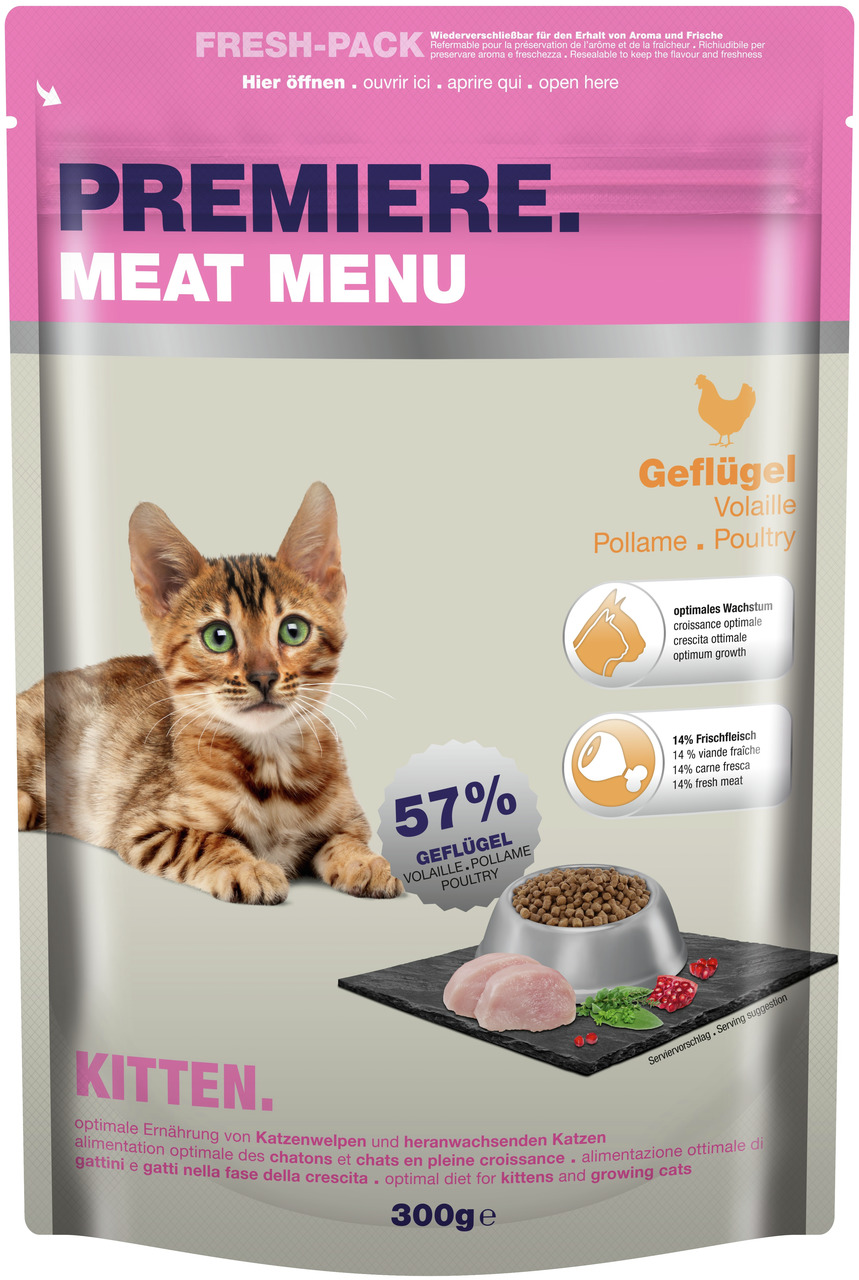 PREMIERE Meat Menu Kitten Geflügel, 57 % Geflügel, 14 % Frischfleisch, unterstützt Wachstum, wiederverschließbar, 300 g.