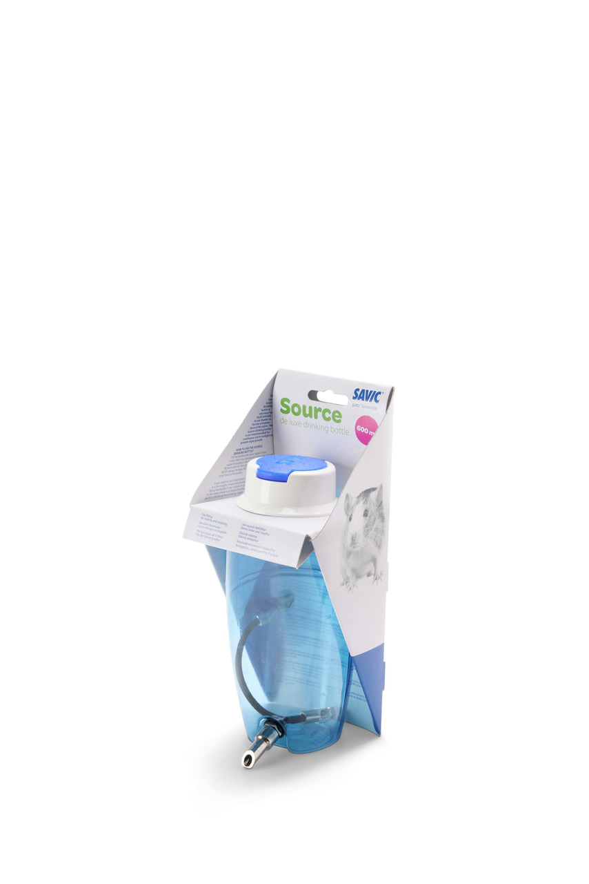 SAVIC Source Deluxe Trinkflasche, 600 ml, für Kleintiere (Meerschweinchen, Kaninchen), hygienisch, einfache Handhabung, blau/weiß.